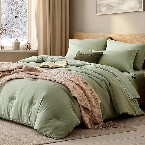 WRENSONGE Oversized Queen Comforter Set - 7 Pieces Sage Green Bed in a Bag Queen with Sheets, 2 Pillow Shams, and 2 Pillowcases- Warm Bedding Sets Queen for All Season