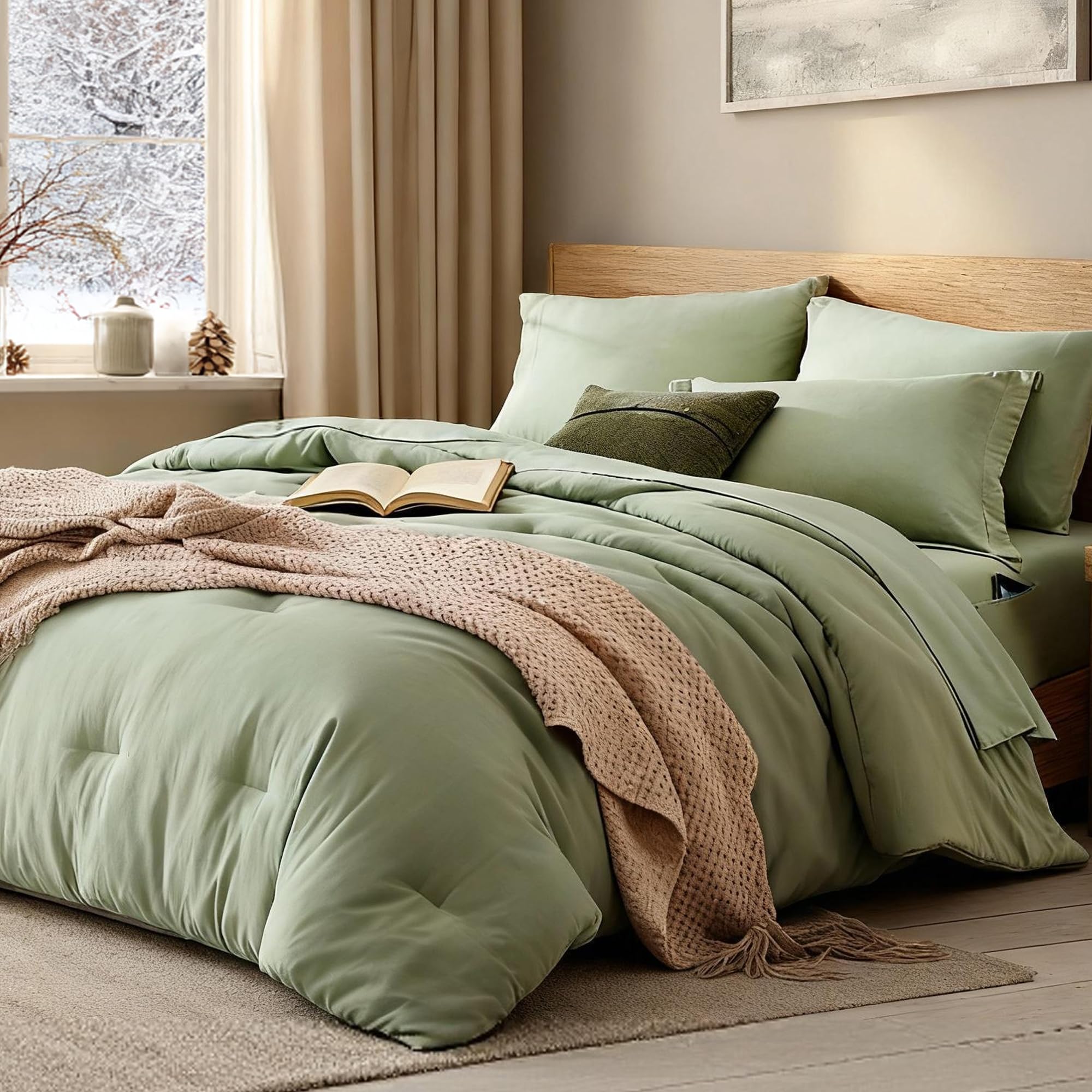 WRENSONGE Queen Comforter Set - 7 Pieces Sage Green Soft Bed in a Bag Queen with Fitted Sheet