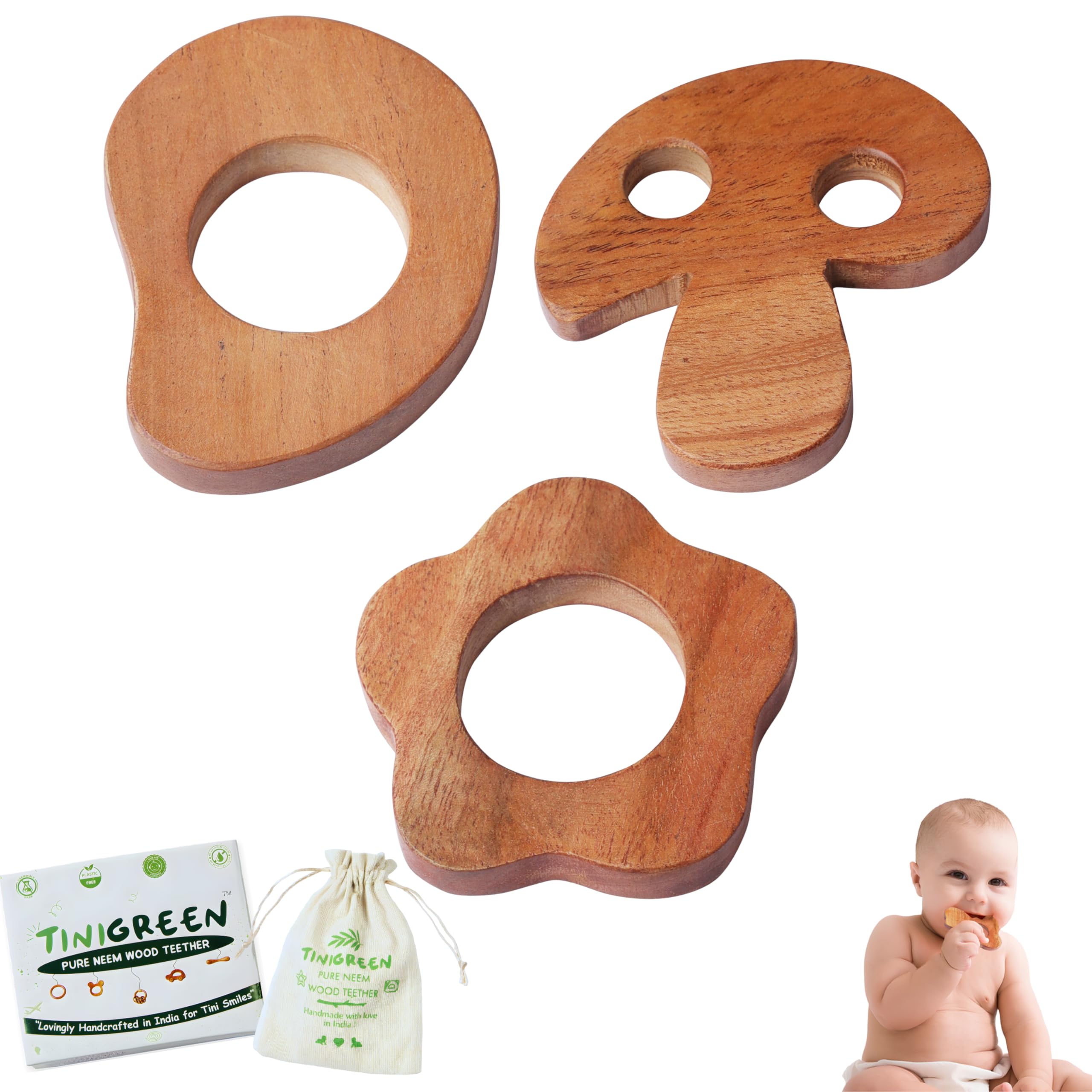 TINIGREEN Mushroom Mango Star Shaped Organic Neem Wood Teether Combo for Baby (Pack of 3)-picture-39