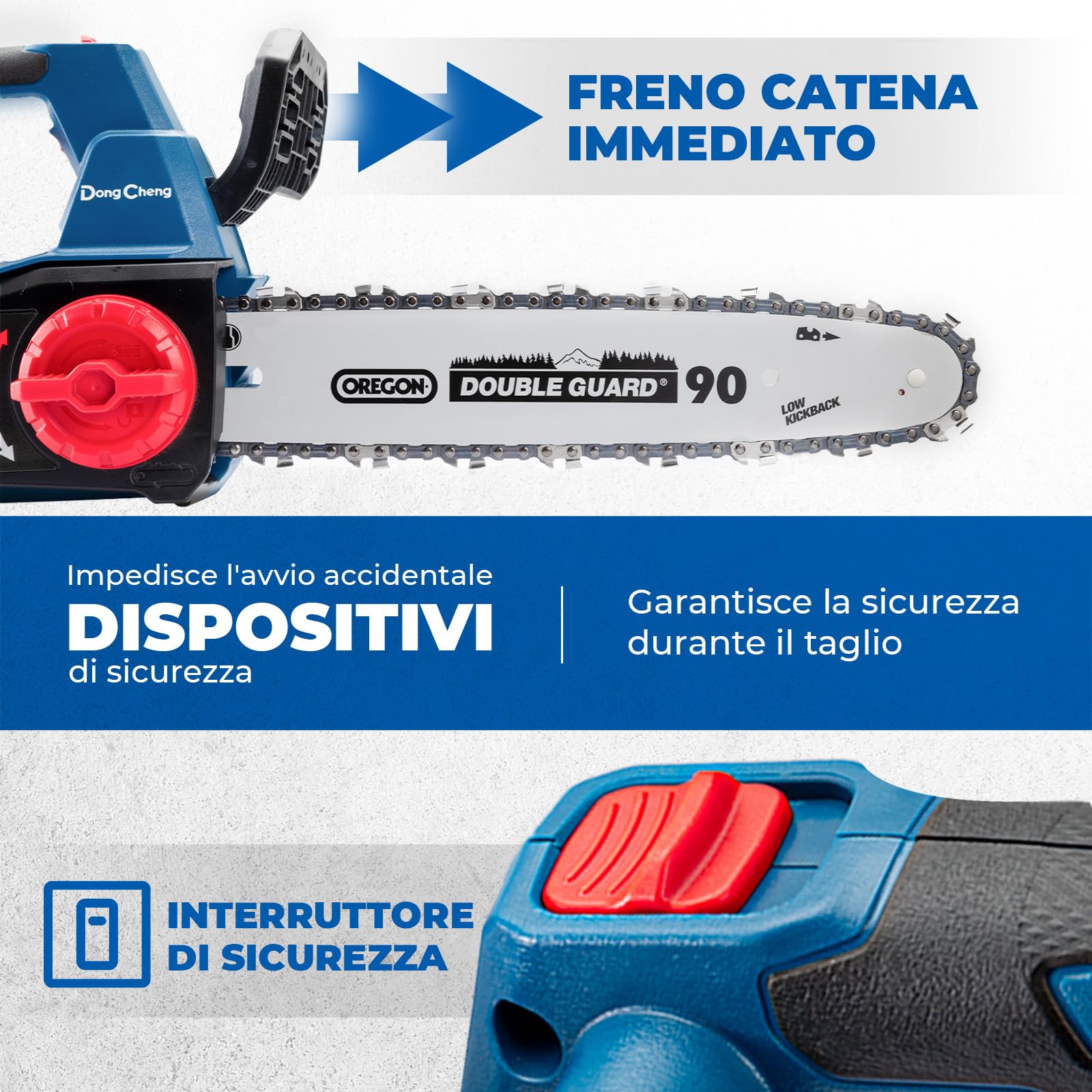 DongCheng Motosega a batteria 20V, brushless, 12 m/s, lama OREGON 30cm, 2x4,0Ah. Tendicatena senza attrezzi, lubrificazione automatica, 2kg (senza batteria), Giardino, legna, potatura