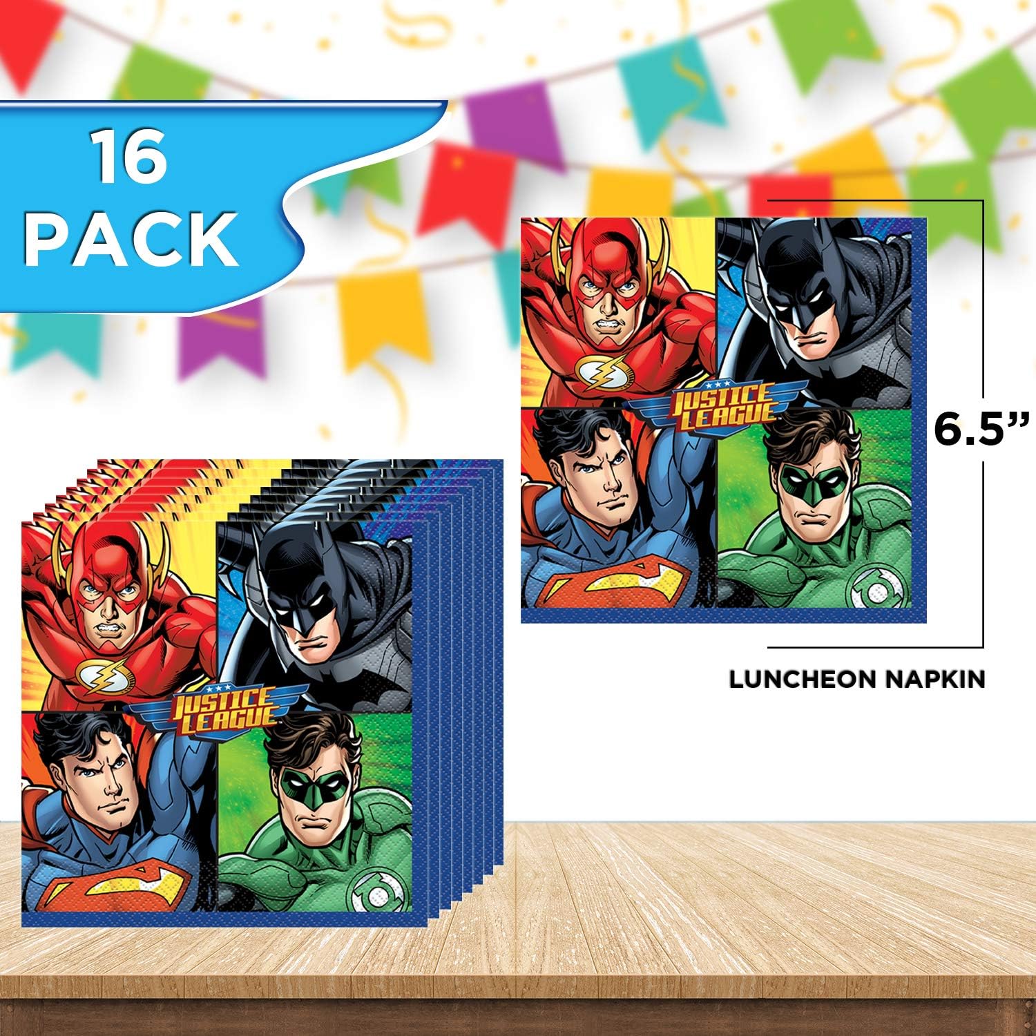 Unique Justice League Party Bundle | Luncheon & Beverage Napkins, Dinner & Dessert Plates, Table Cover | Great for Action/Superhero/Comics Birthday Themed Parties