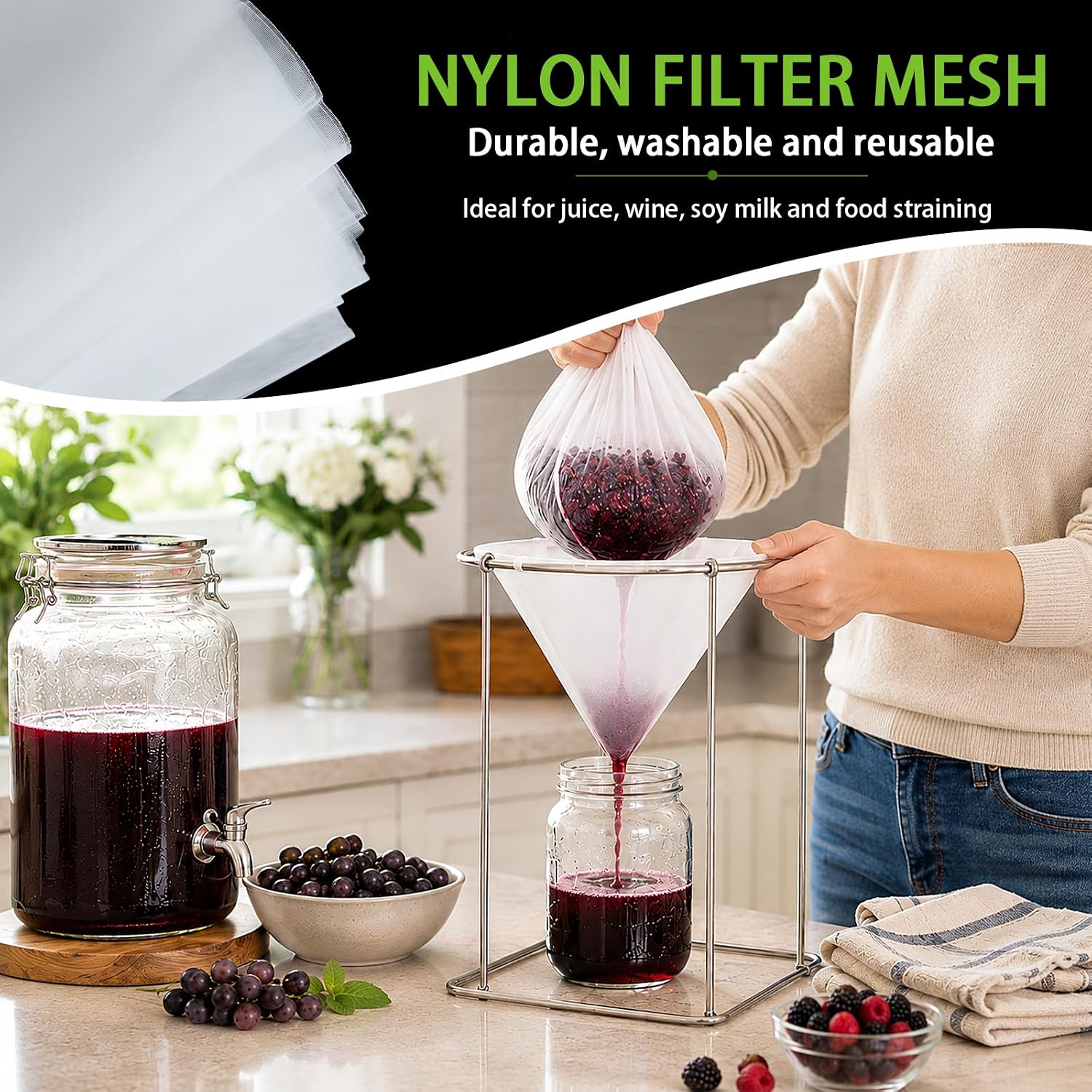 ZZRANYE Nylon Mesh Fabric 100 Mesh, 39.3" × 39.3" Food Grade Fine Mesh Strainer, Reusable Filter Cloth for Straining Juice, Wine, Milk, Cold Brew Coffee, Ultra Fine Nylon Screen