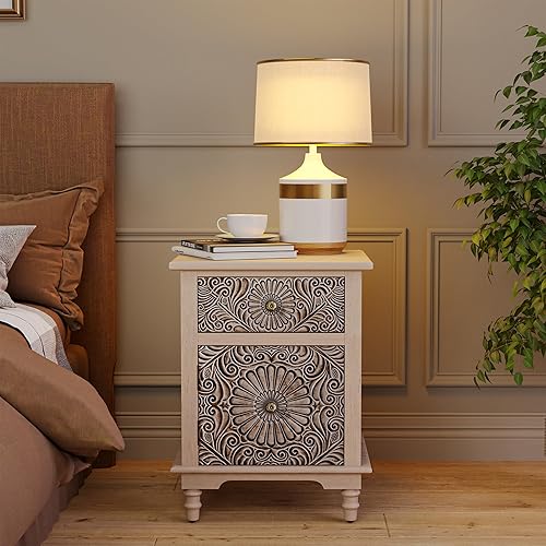 Miniatura 14 de SUNBURY Mesa auxiliar para sala de estar, mesa auxiliar pequeña con 3 cajones, mesita de noche vintage, elegante mesita de noche pequeña para