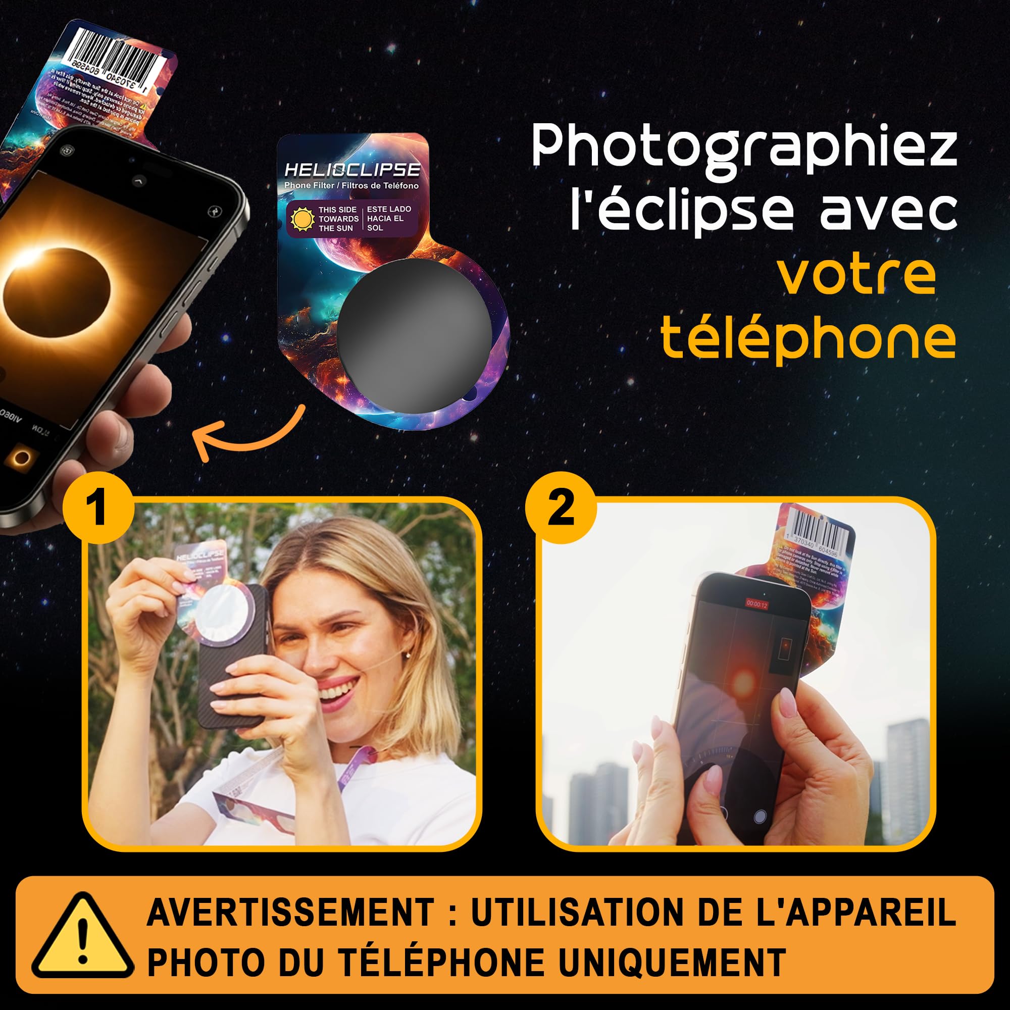 Helioclipse 50x Lunette Eclipse Solaire 2026 ISO 12312-2 - Lunettes Eclipse Solaire - Lunette pour Eclipse Solaire - Bonus 10x filtre pour téléphone