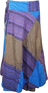 Mogul Interior Wrap Around Skirts Cotton Blue, Purple Patchwork Midi Skirts XL