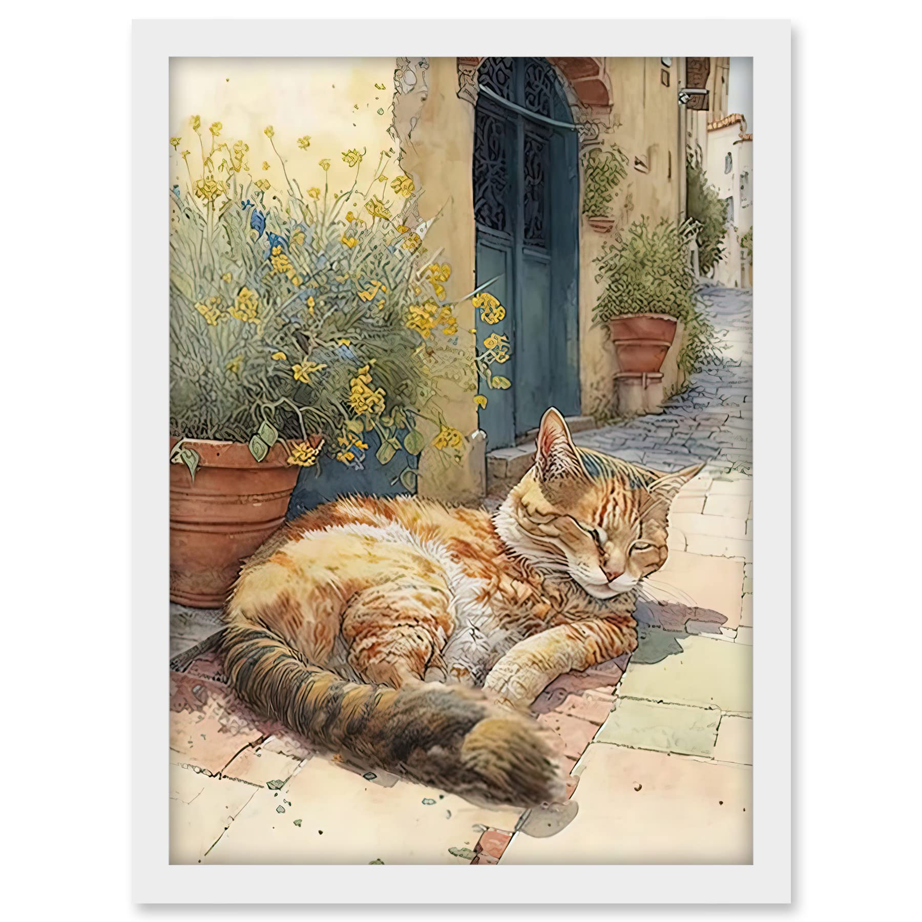Artery8 Cat Sunbathing in Mediterranean Village Street Watercolour Illustration Artwork Framed A3 Wall Art Print