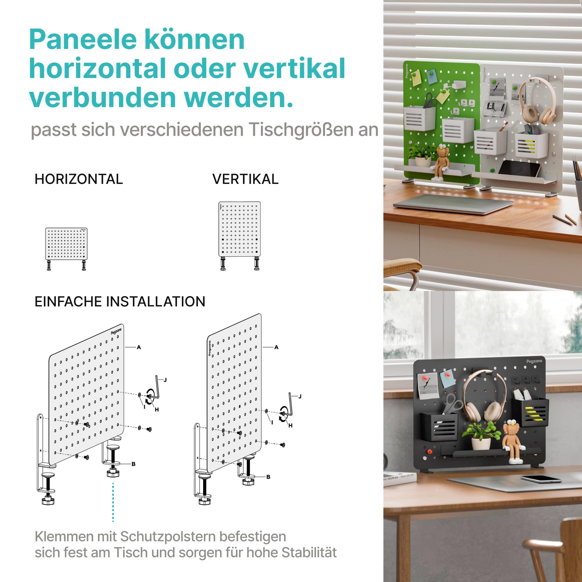 PEGZONE Pegboard Schreibtisch Organizer, Metall Lochwand Klemme, Schwarz