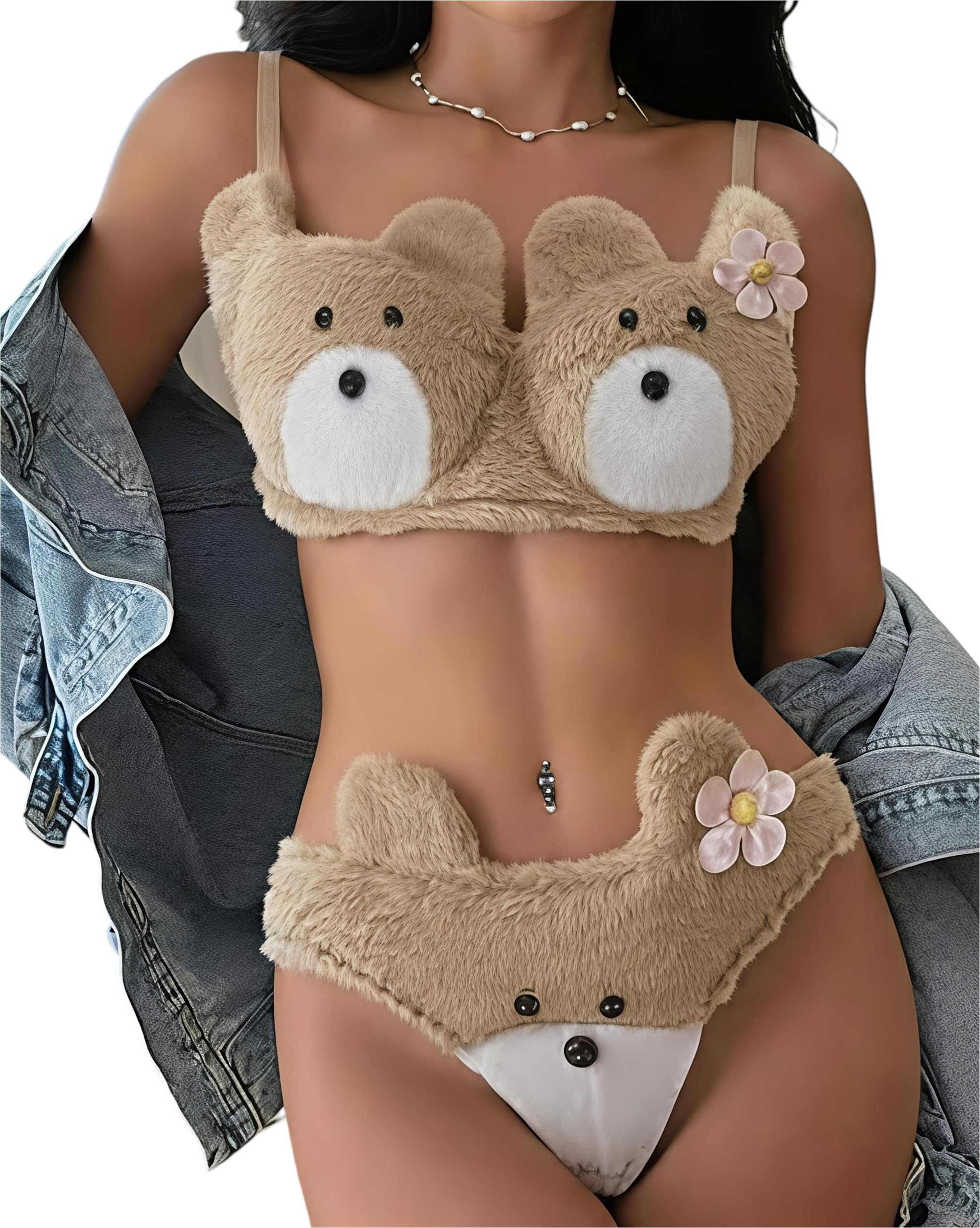 Fitfinesse Cute Far Bear Lingerie Set, Brown, Bage, White Plush, Bra and Panty, Novelty Underwear with Flower Accent-picture-31