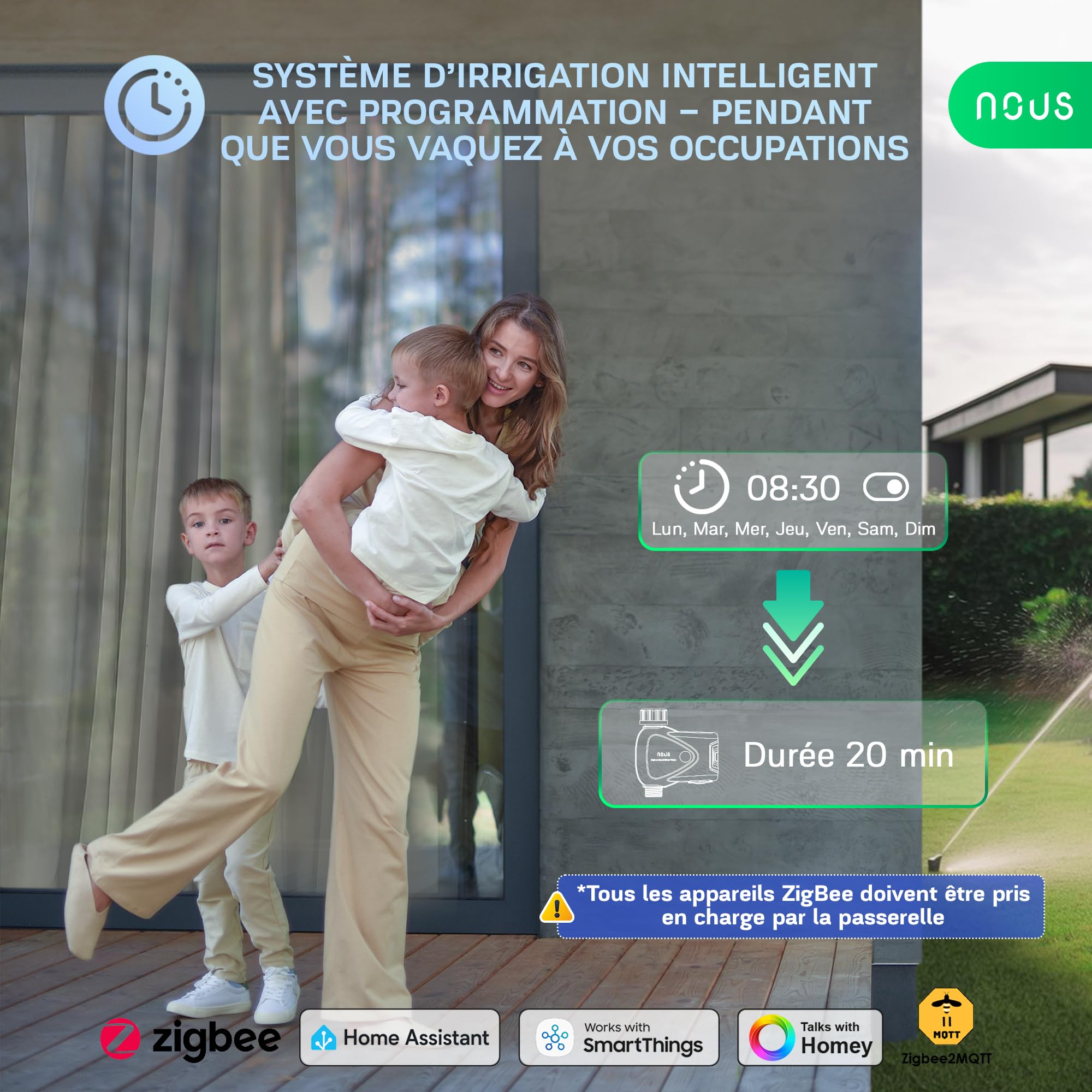 NOUS ZigBee inteligentny zawór kranowy, sterowanie nawadnianiem, IP66, kompatybilny z Alexa, Google Assistant, Smart Life, timerem i pilotem zdalnego sterowania z aplikacją, zasilanie bateryjne, 3/4