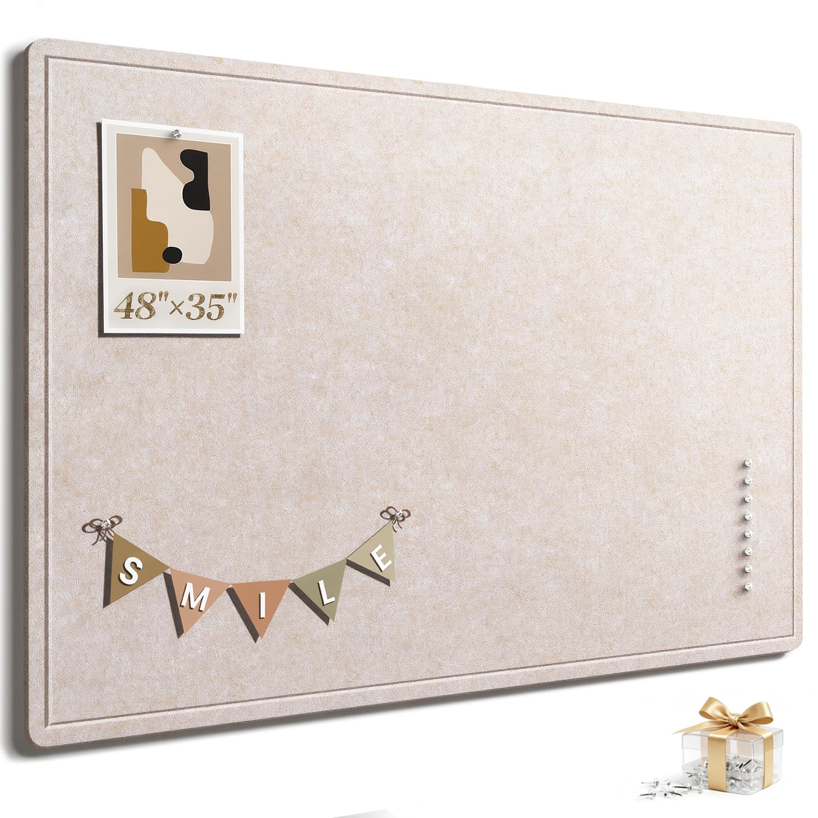 large bulletin board, 48 x 35 inches felt cork board with 40 pushpins, foldable felt notice pin board photo display board with self-adhesive tape for office home school (oatmeal, 48x35 inch)