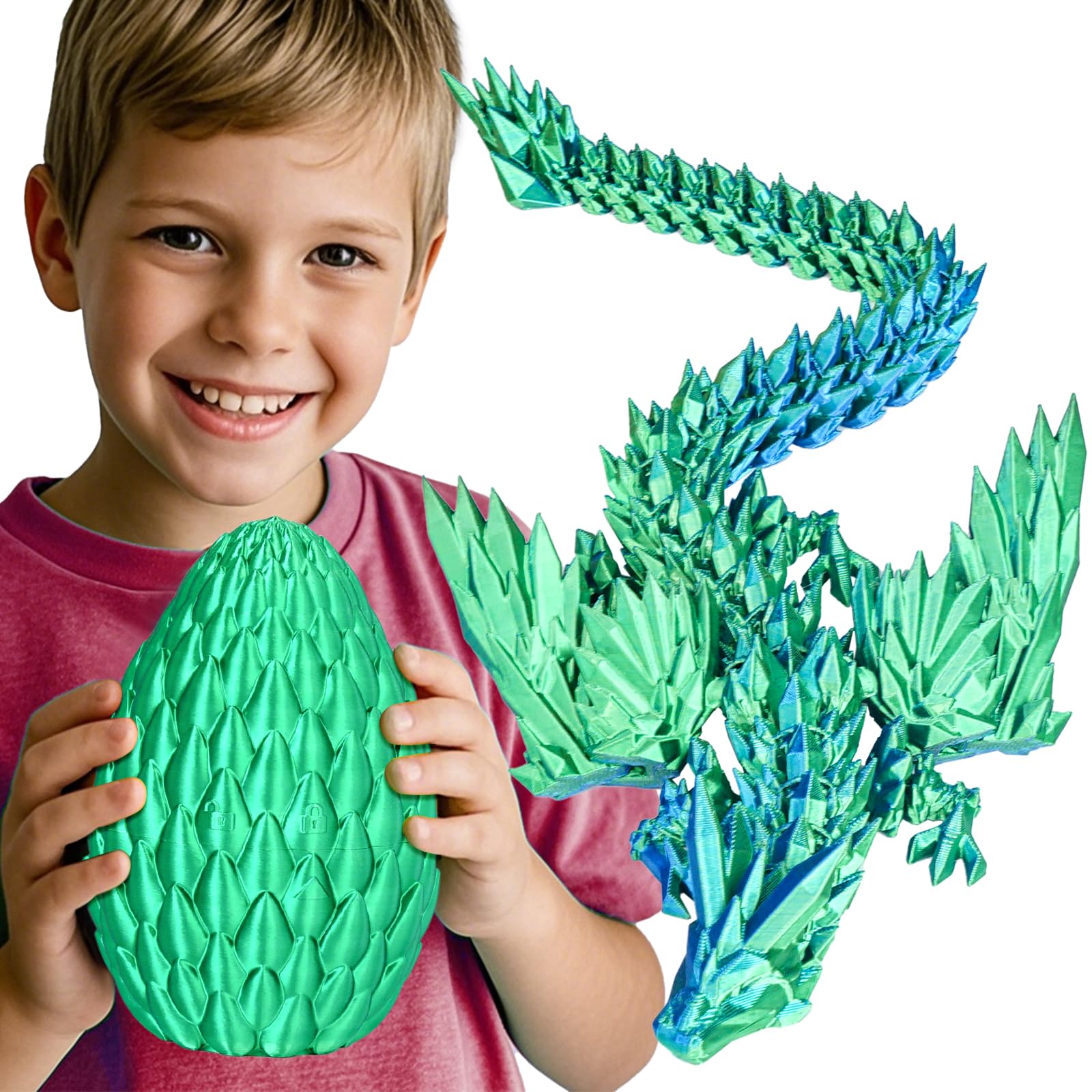 Large 3D Printed Dragon Egg with Articulated Winged Dragon Inside, Collectible Figurine Fidget Toy for Adults Kids, Birthday Easter Stocking Fillers for Friends Colleagues,Green