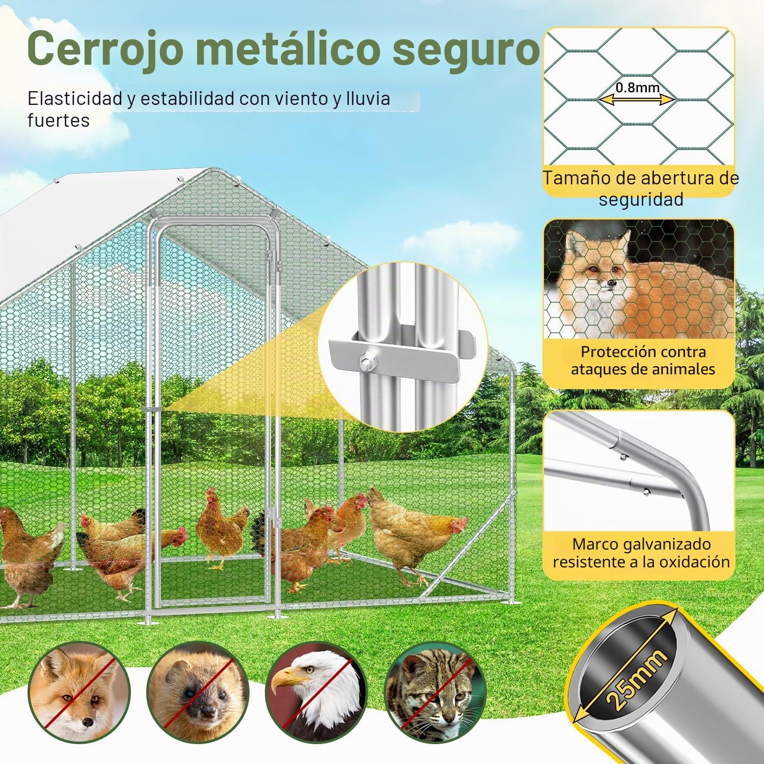 Gallinero con zona libre, 3x2x2m con cerradura de seguridad y tela impermeable de PE, fácil de limpiar, zona libre para gallinas, jaula para pájaros, pequeños animales y plantas