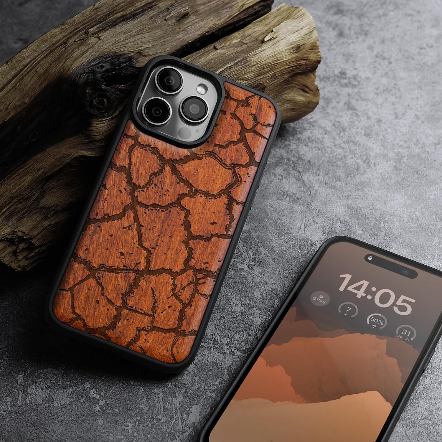 Carveit Magnetic Wooden Case for iPhone 16 Pro Max Case, Wood Artisan Engraved & Black Soft TPU Shockproof Cover, Compatible with MagSafe Wireless Chargers (Cracked Earth Texture) Rosy