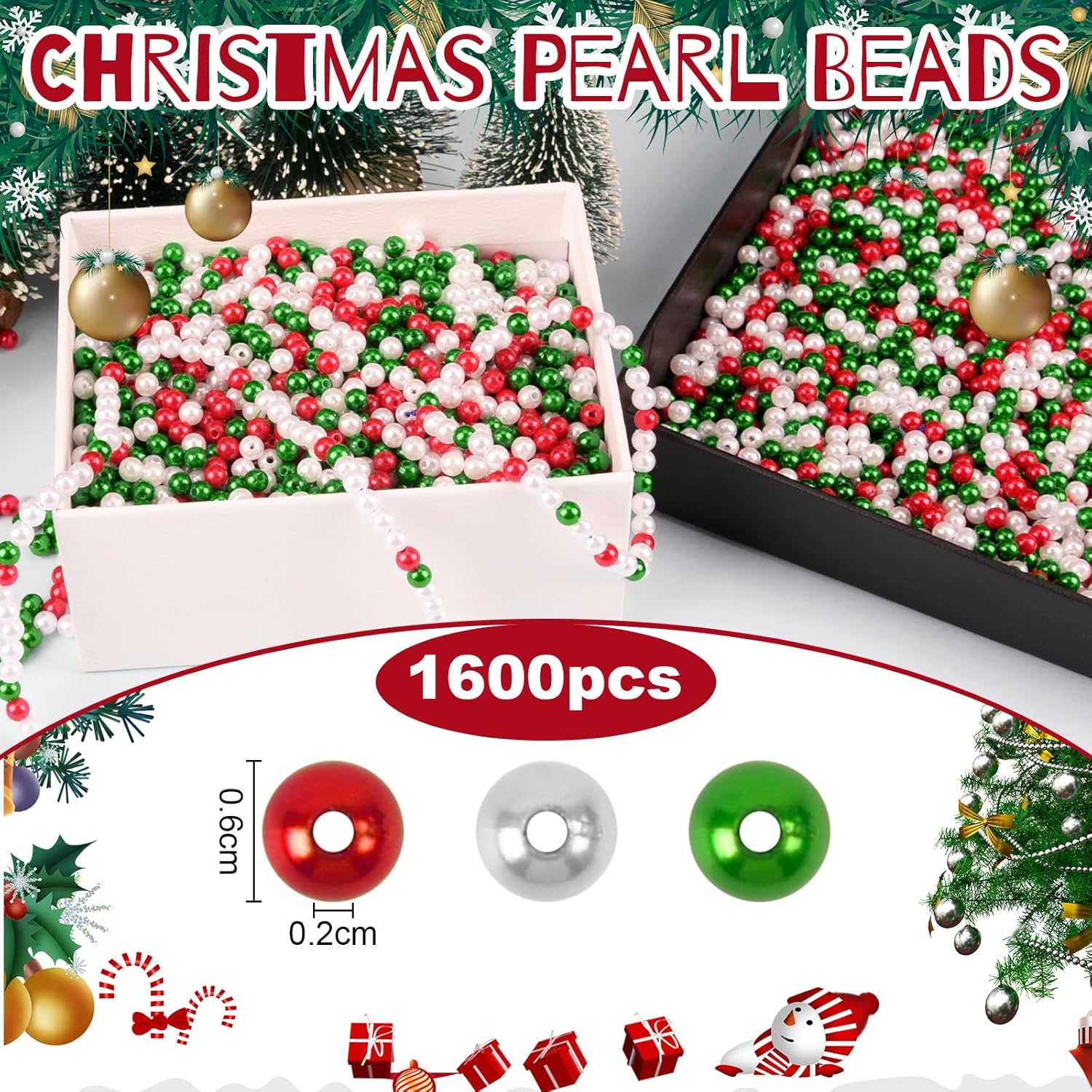 1600Pcs 6mm Christmas Color Pearl Beads Red Green and White Beads Mini Christmas for Ornament Making Xmas Home Decoration DIY Necklace Earrings Hair Crafts - Image 2