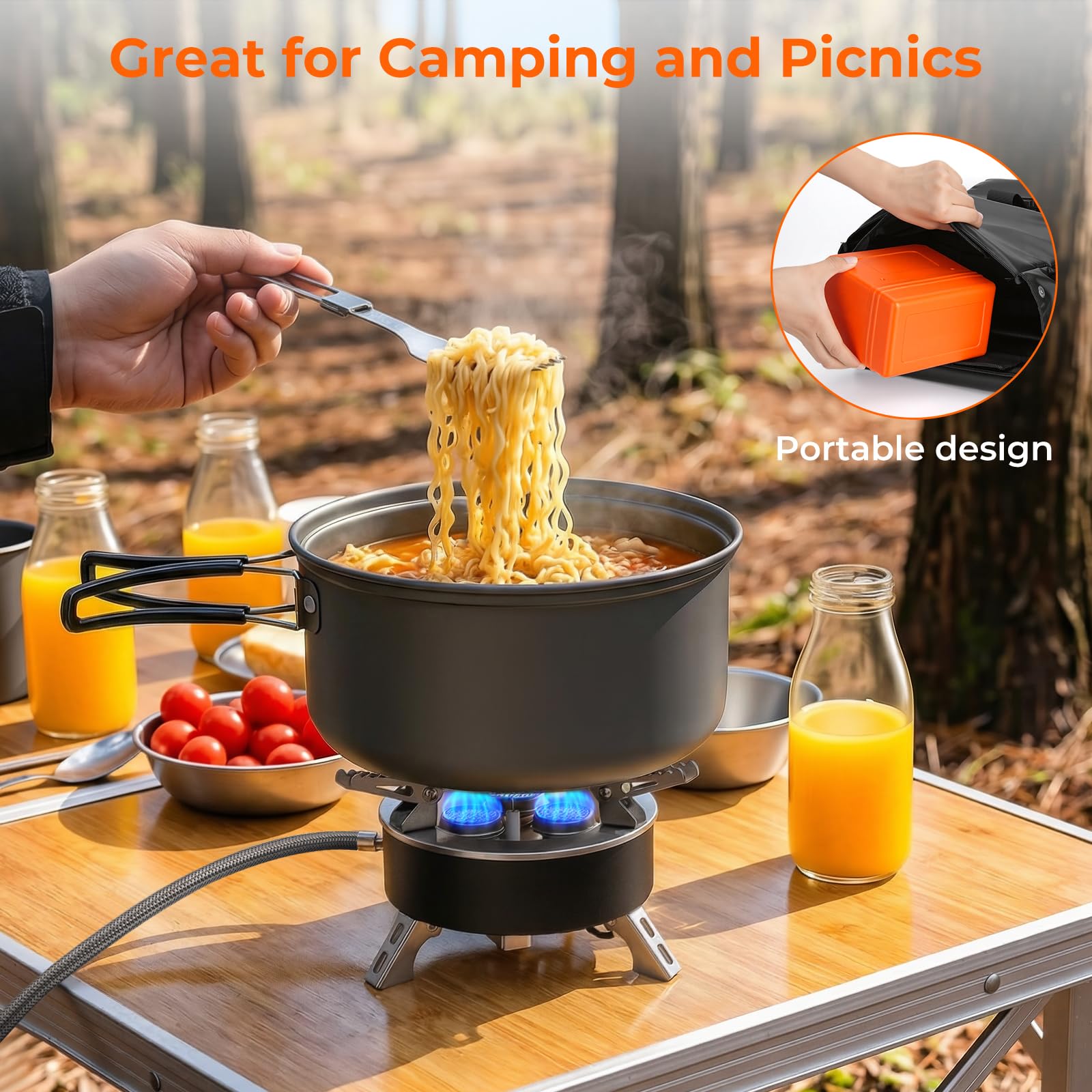 Réchaud Gaz Camping Portable 4000W, Réchaud Camping Gaz Pliable avec Allumage Piezo, Réchaud Gaz Bivouac Léger avec Boîte de Rangement pour Camping, Randonnée, Pique-nique et Pêche