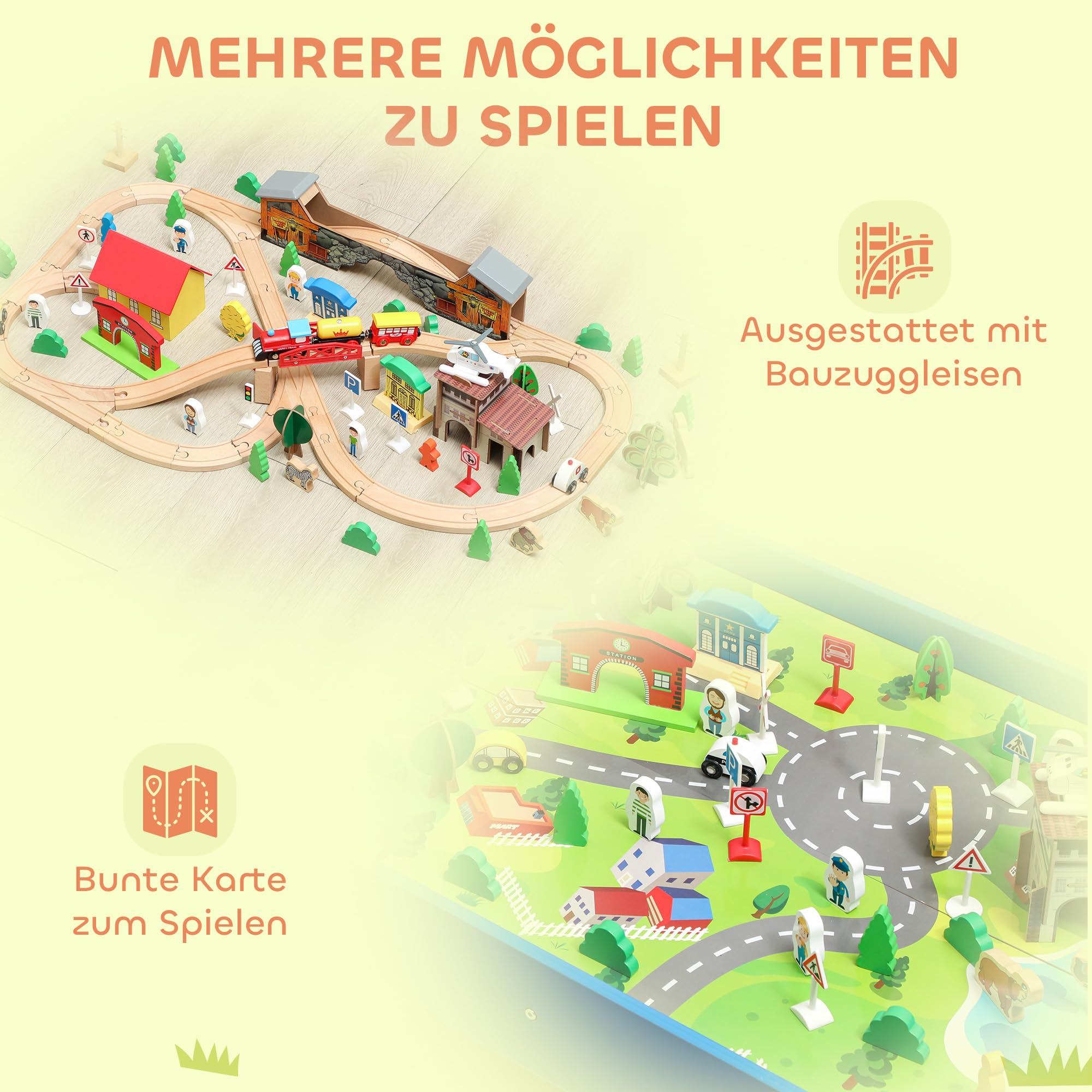 AIYAPLAY Spieltisch 108-teiliges Eisenbahn-Set für Kinder ab 3 Jahren Blau | Aus Holz, Holzeisenbahn mit Abnehmbarer Tischplatte, Eisenbahntisch