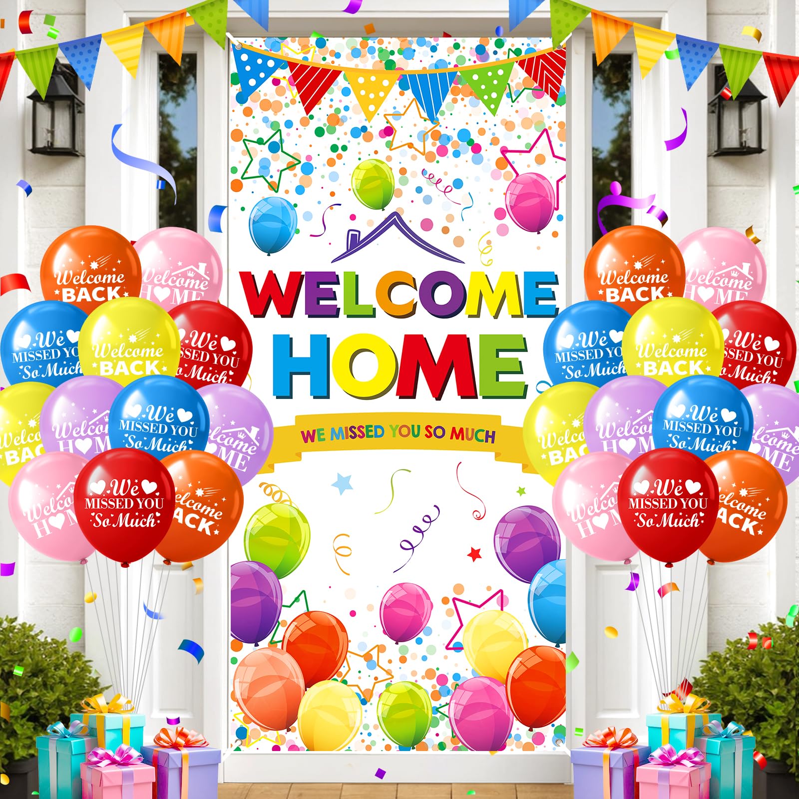 Welcome Home Decorations Colorful Welcome Home Door Banner and Balloons Welcome Home Door Cover 24Pcs Welcome Back Balloons for Homecoming Military