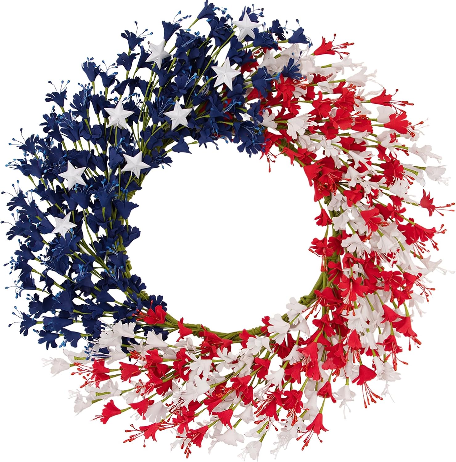 20 Inch Patriotic Forsythia Wreath for Front Door, 4th of July Independence Day Memorial Day Decor with Red White Blue Flowers, Iron Star Accents, Iron Ring, Patriotic Wreaths for Home Porch