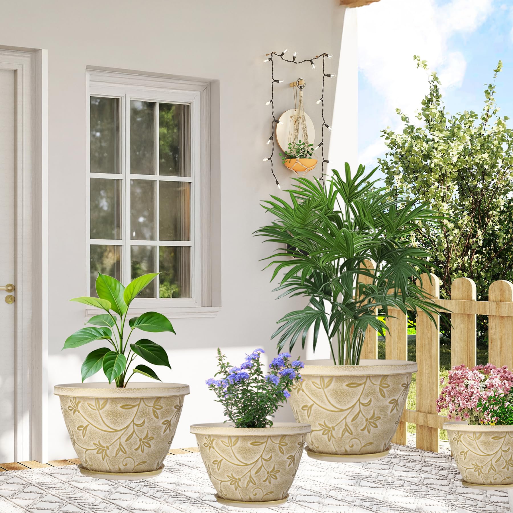 Nooulap Maceta de 8 pulgadas con agujero de drenaje, paquete de 4 macetas de plástico para plantas de interior y exterior, maceta pequeña decorativa para escritorio, balcón y jardín (beige)