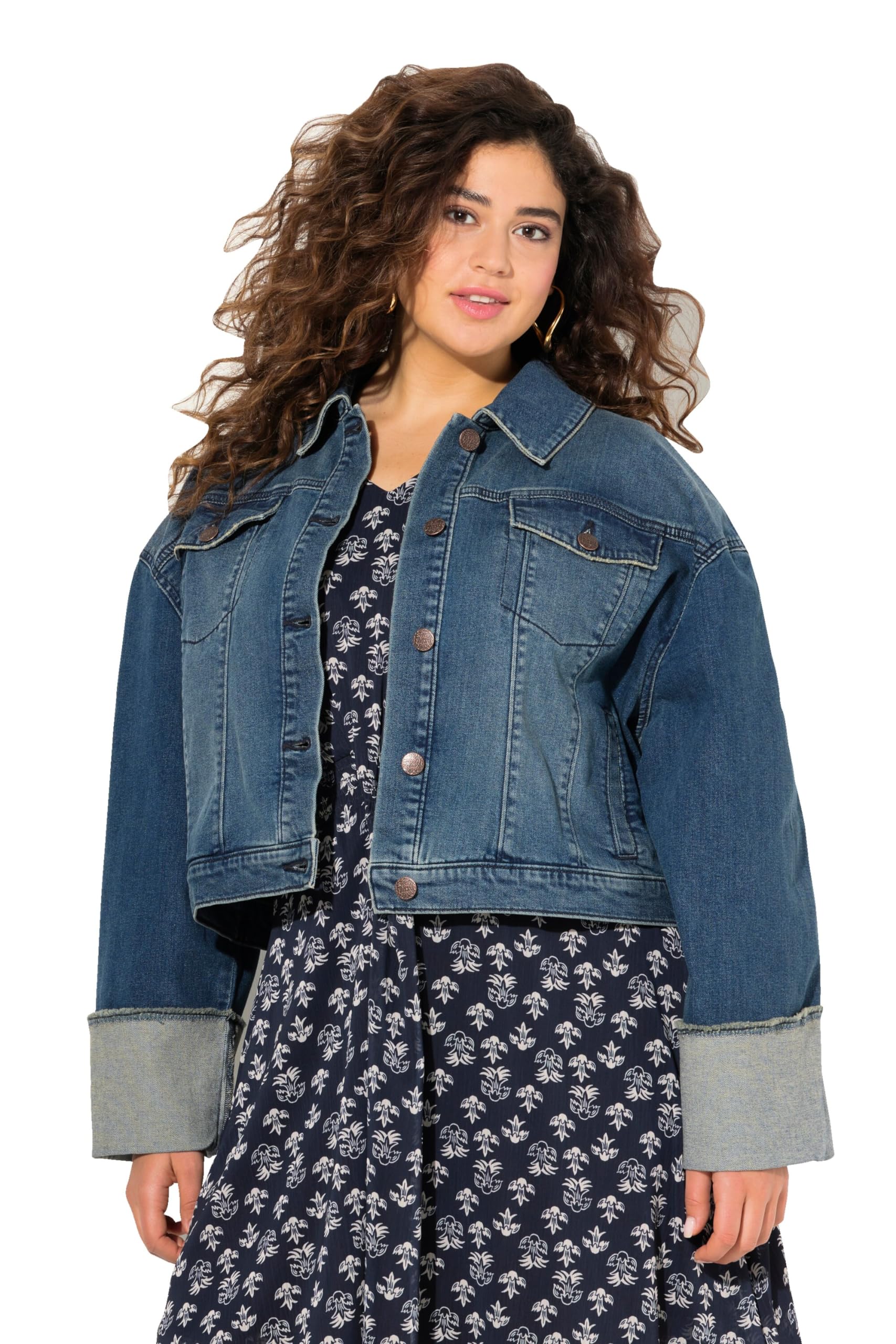 Ulla Popken Damen große Größen Übergrößen Plus Size Jeansjacke, Fransen, Hemdkragen, breiter Ärmelumschlag 830252