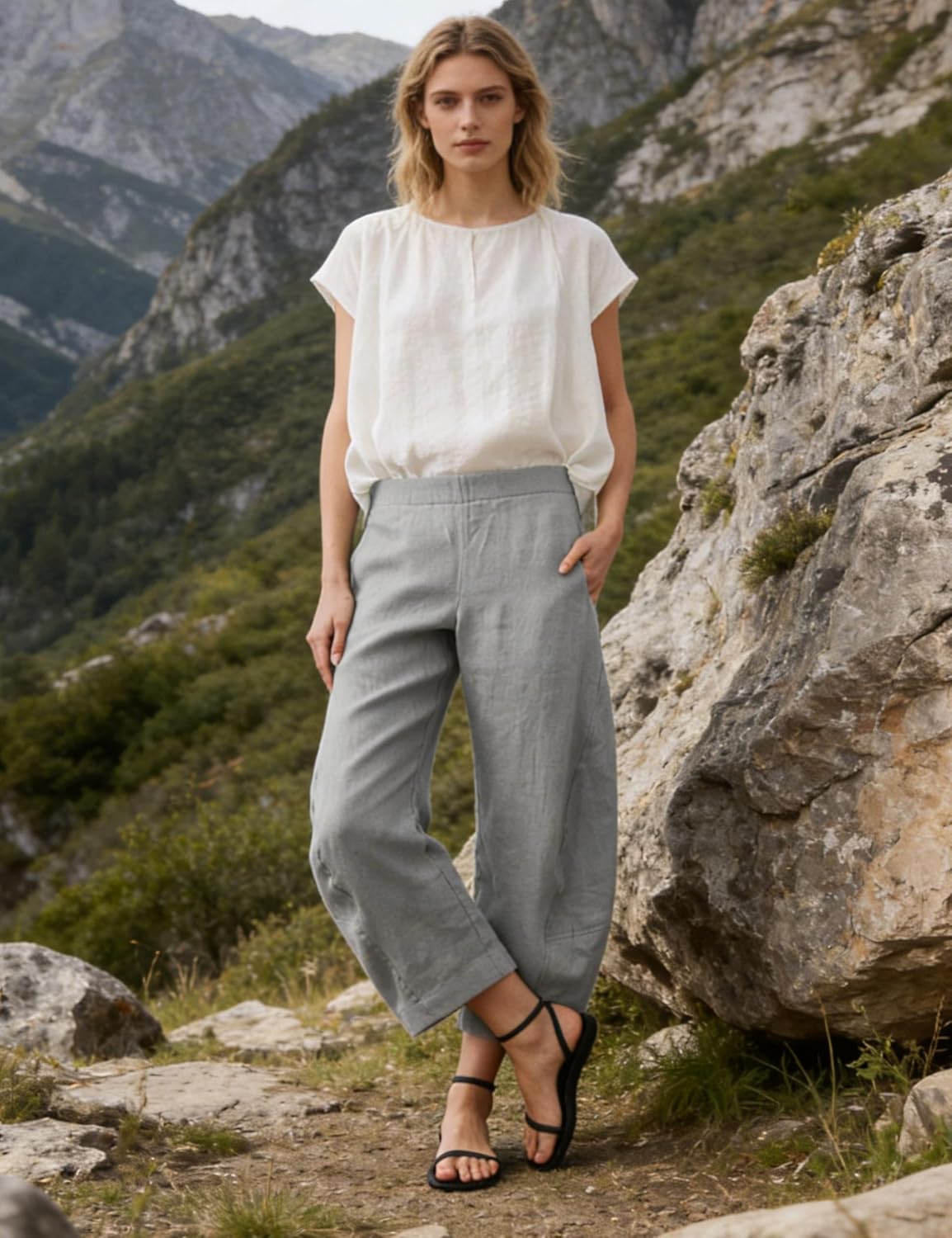 SeekMe Women's Cotton Linen Pants Barrel Leg Palazzo Elastic Waist Casual Capri for Beach Vacation - Image 6