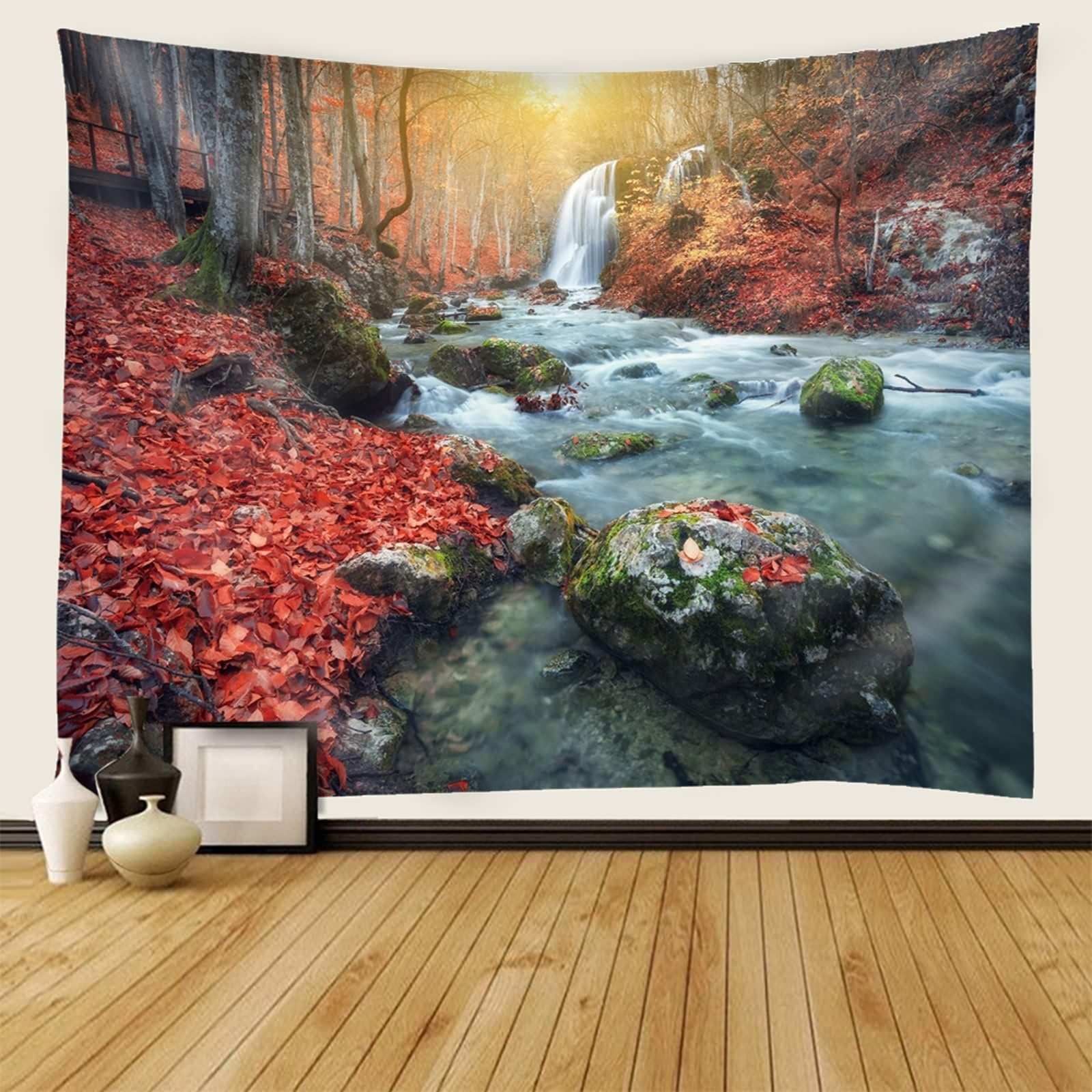 Skcess Wandteppich Rot Braun Weiß, Polyester Tapestrie Herbstthema Wald Und Flüsse Tapisserie für Wohnzimmer Schlafzimmer Wanddeko Wandteppich 350x256CM
