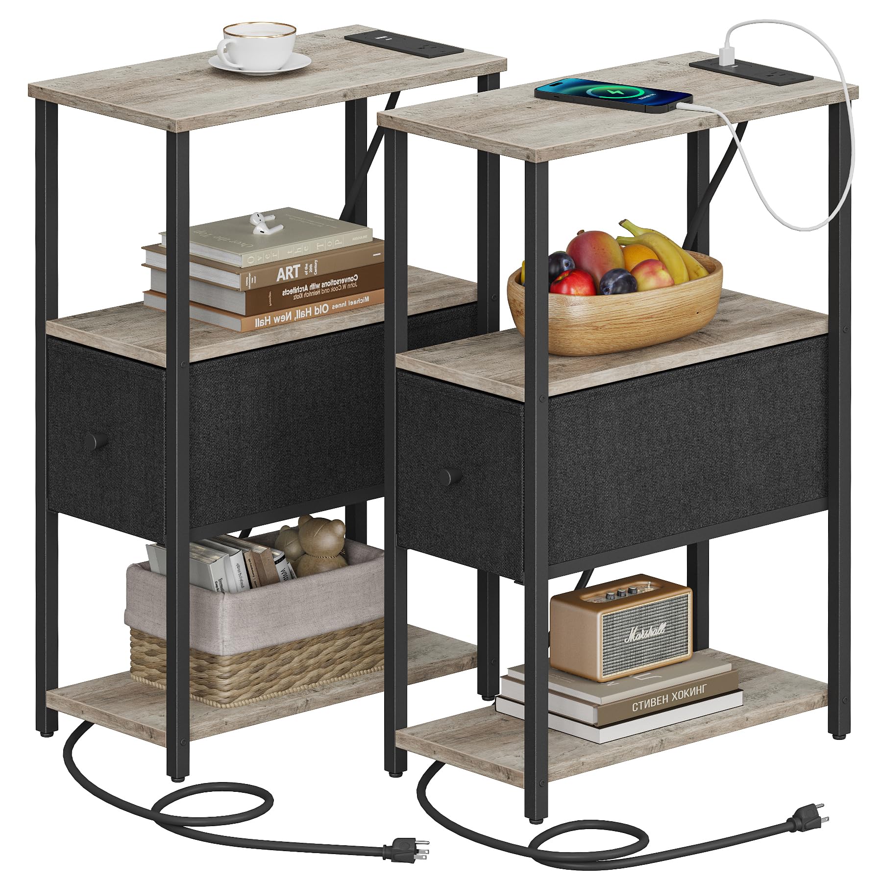TUTOTAK Small Narrow End Table with Charging Station, Set of 2, Side Table with Outlets, Nightstand with Cloth Drawer, Couch Table, for Living Room,