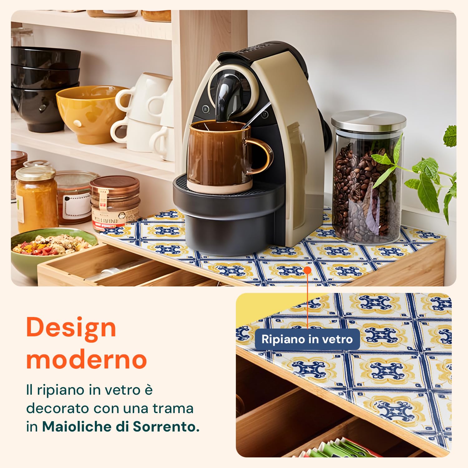 Avilia - Porta Cialde Caffè e Porta Capsule in Bambù con Ripiano in Vetro Maioliche di Sorrento, Organizer per Angolo Caffè e Tè 30x30x10cm, Elegante e Compatto per Casa e Ufficio