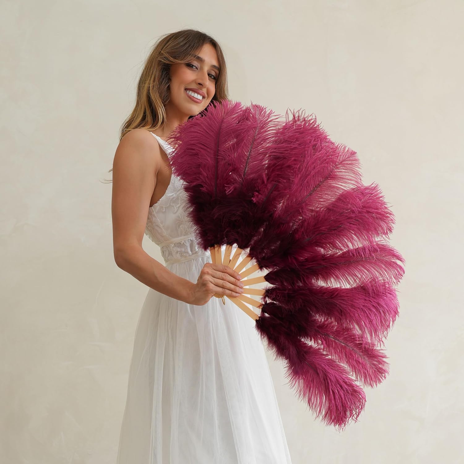 ZUCKER Large Ostrich Feather Fan - Vintage Costume Folding Hand Fan - Burlesque Showgirl Costume Decorative Fan for Women