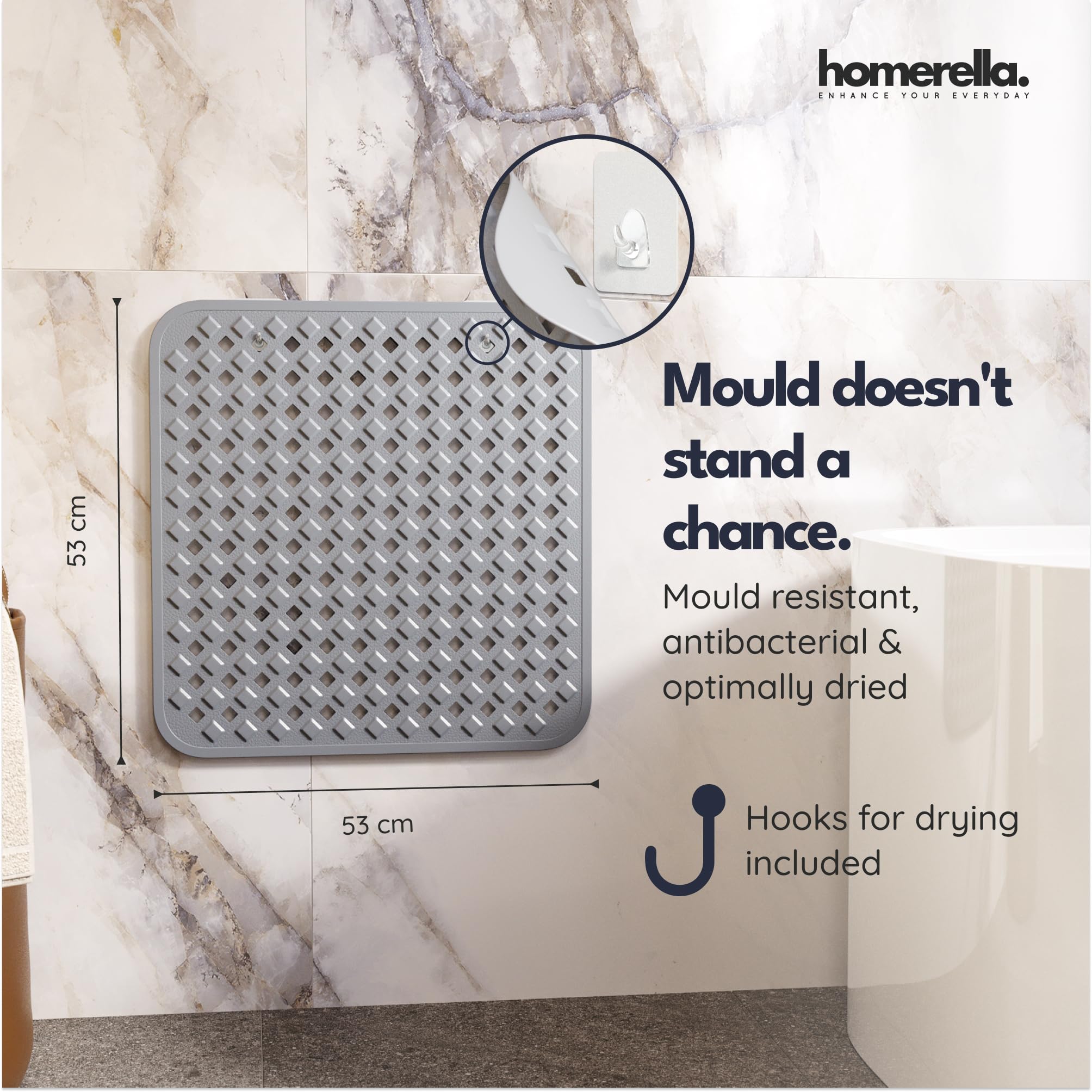homerella® Shower Mat Non Slip Anti Mould 53 x 53 cm, INCL. Hooks for Drying Bath Mat Non Slip Anti Mould - Image 3