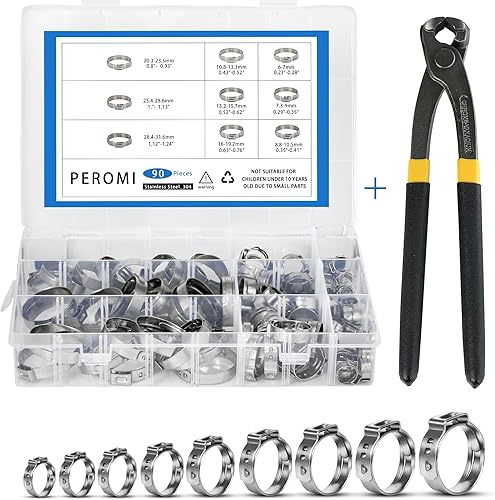 PEROMI 90 abrazaderas de manguera de oreja única con pinzas de oreja, 9 tamaños 0.236-1.126 in 304 Stianless acero Cinch Clamp Rings Surtido Kit