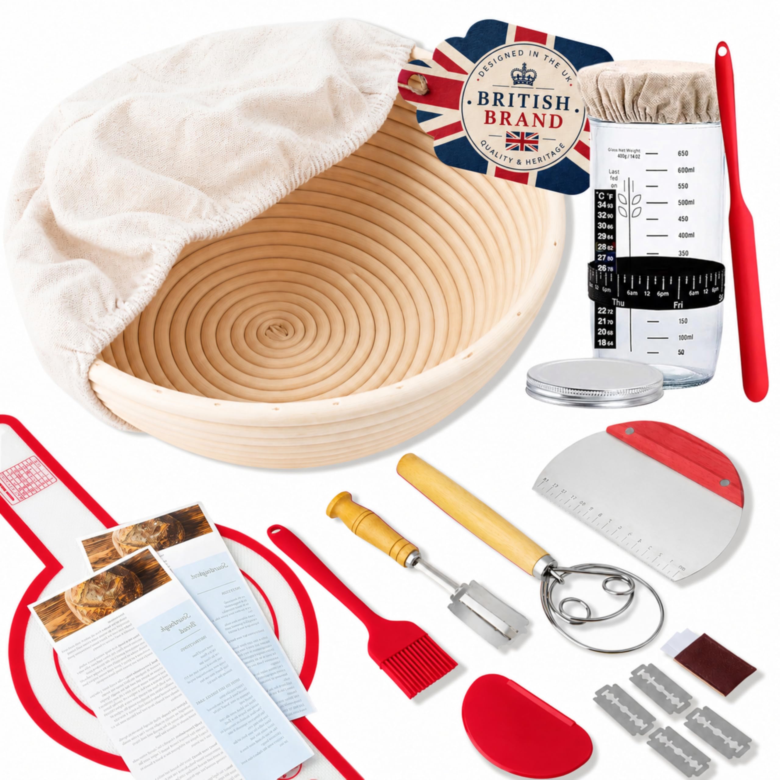 SoLuna.® Sourdough Starter Kit for Bread Making with Banneton Proofing Basket 9" Round - Sourdough Starter Supplies Kits - Bread Baking Accessories (Red, 15pcs)
