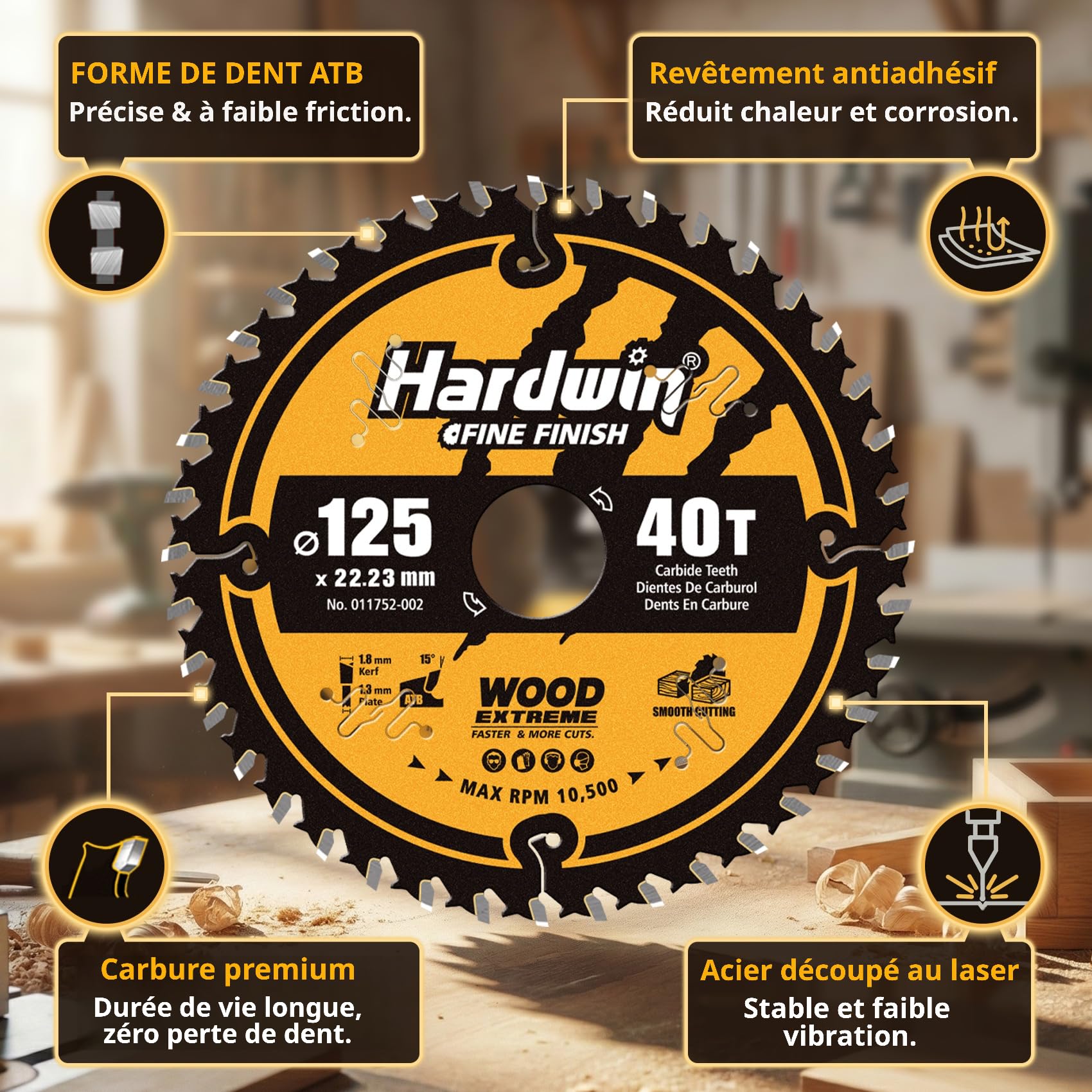 Lame de Scie Circulaire 125mm 40 Dents ATB Carbure Tungstène, Alésage 22.23mm, Compatible Scies sur Table/Portatives, Lot de 3