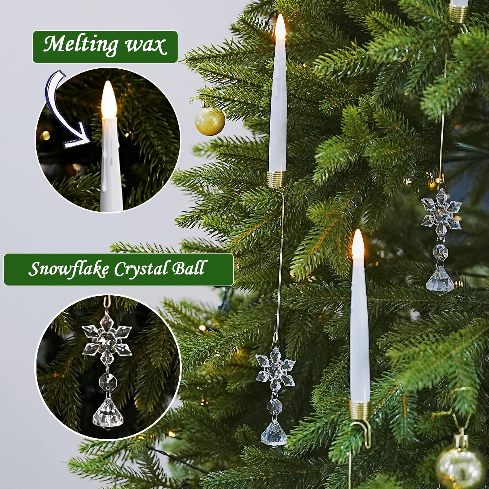 12 candele coniche natalizie a LED, a batteria, tremolanti con timer remoto, candele senza fiamma per Natale, casa, feste, regalo di compleanno, con gancio a sfera di cristallo a forma di fiocco di