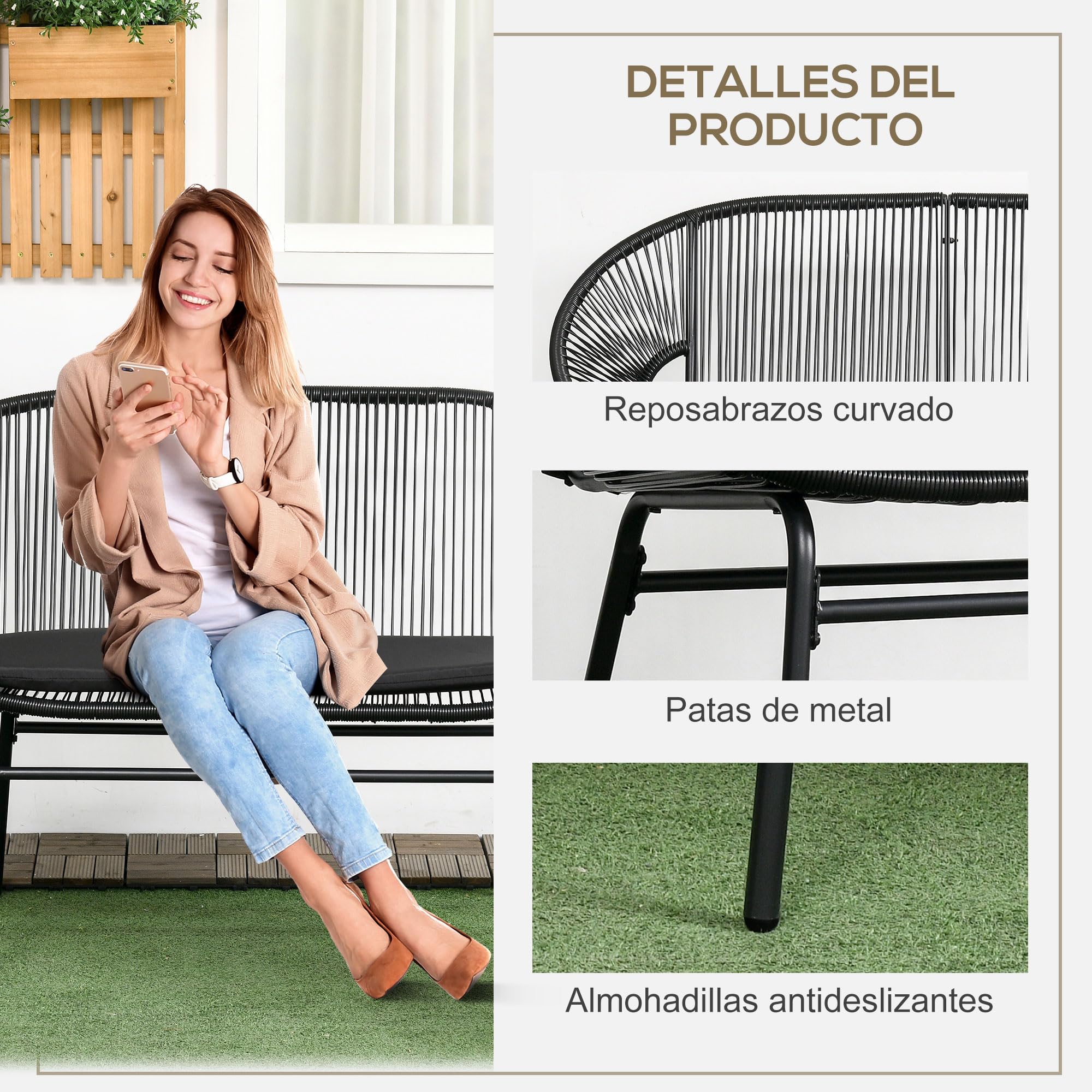 Outsunny Silla Acapulco de 2 Plazas Sofá Acapulco Silla de Jardín con Cojines Reposabrazos y Marco de Acero Carga 260 kg para Terraza Balcón Patio 132x72x83 cm Negro