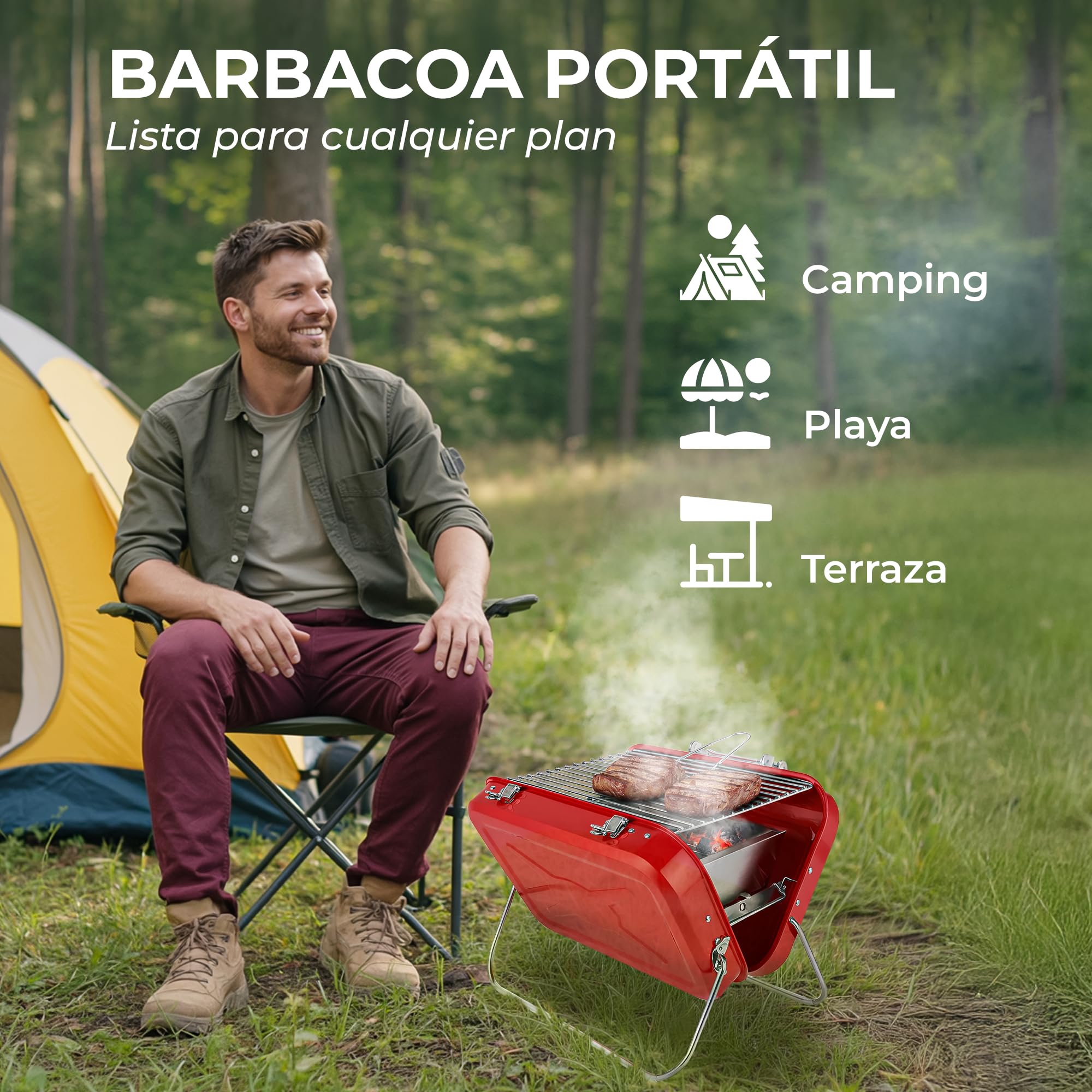barbacoa carbón, barbacoa portátil de acero inoxidable 410 tipo maleta, ligera y compacta para camping, jardín, terraza y picnic, incluye guante térmico y utensilios BBQ