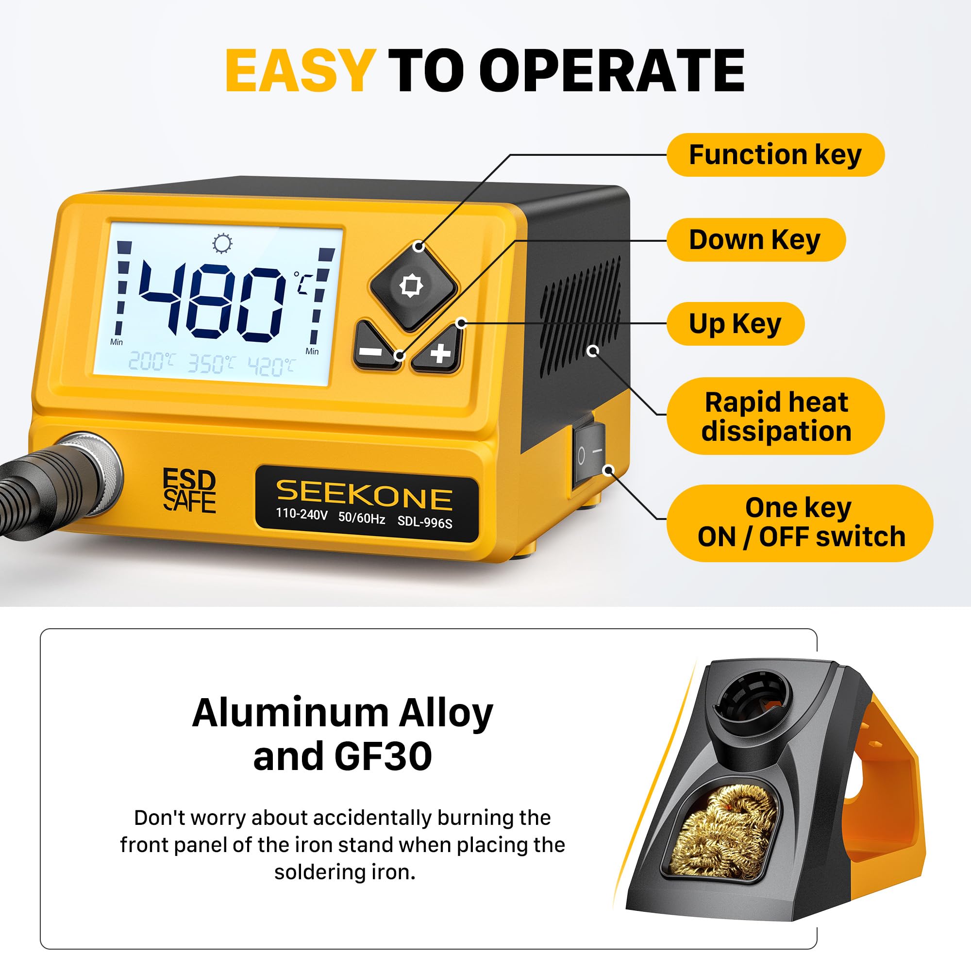 SEEKONE Lötstation 60W, Profi Lötkolben Einstellbare Temperatur 200℃-480℃ mit LCD Displayanzeige, Digitale Lötkolbenstation mit 5 Lötspitzen, °C/°F Umrechnung, Standby Funktion, Power-On Speicher