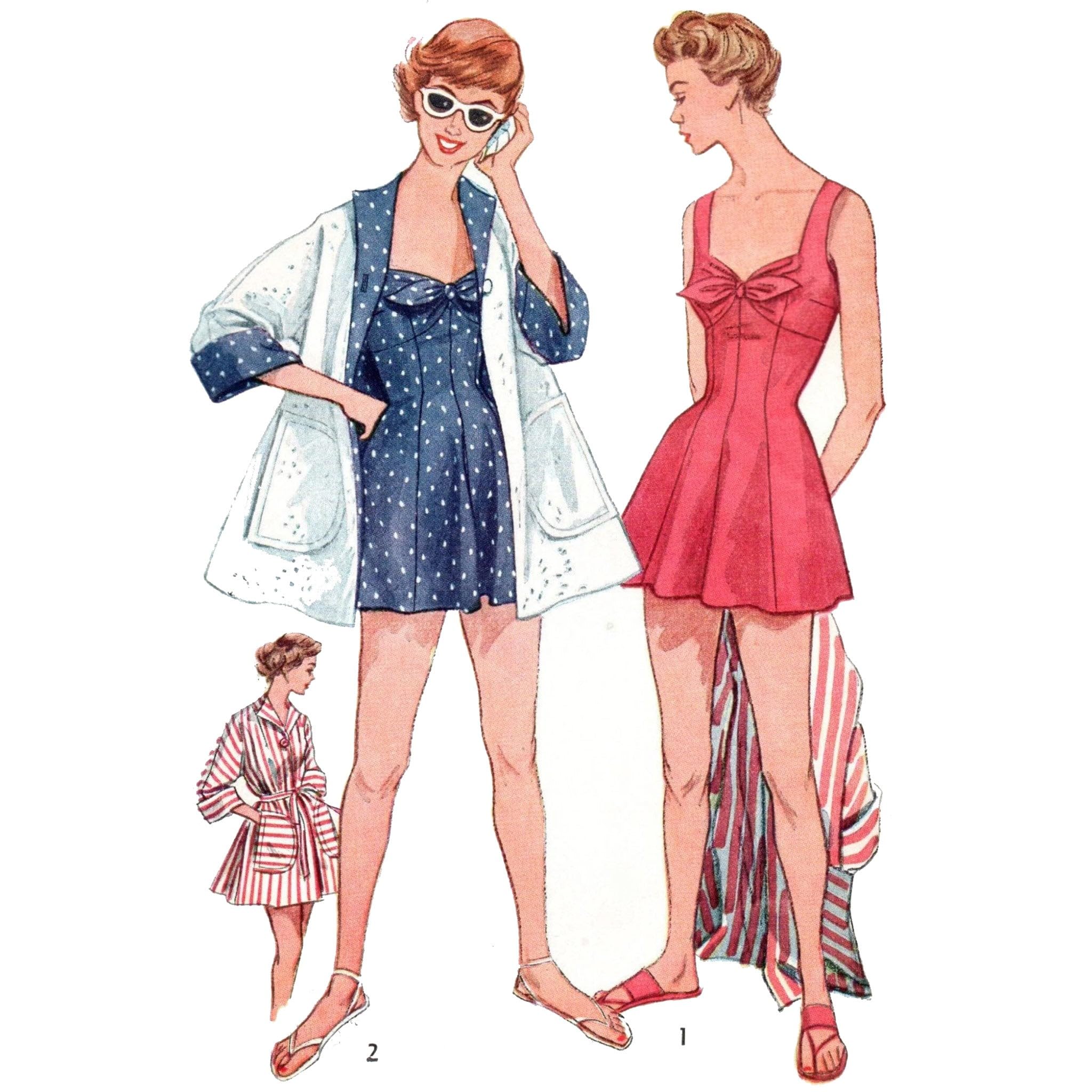 Patron de couture vintage 1950 : maillot une pièce et manteau de plage T42