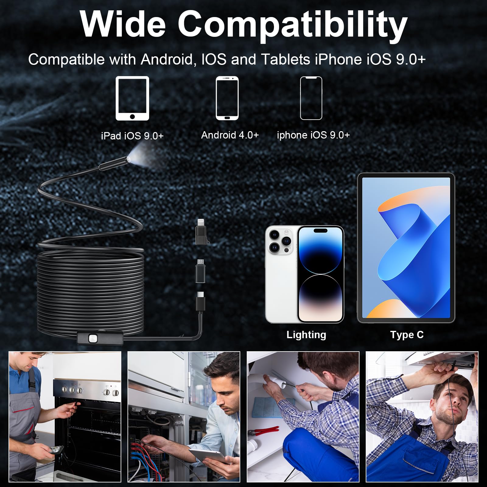 Cozary Endoscopio per Smartphone con Luce, 1920P HD Sonda Telecamera Endoscopica, IP67 Sonda Impermeabile, Endoscopio con 8 LED, non c'è bisogno di Wi-Fi, per Auto, Casa, Tubature (32.8ft/10m)