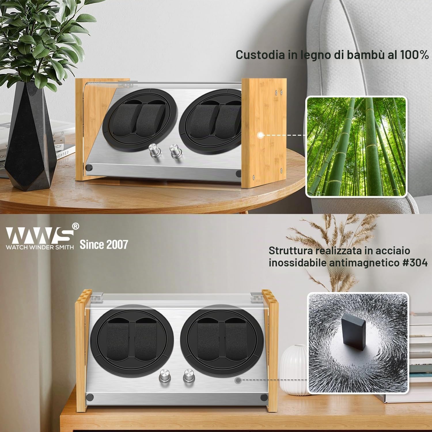 Watch Winder Smith® Watch Winder Carica Orologi, Design di brevetti in legno di bambù naturale,AC/Motore Giapponese Super Silenzioso Alimentato a Batteria Orologio Avvolgitore