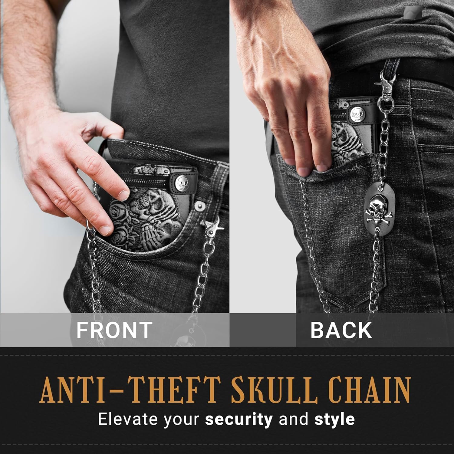 ZEKEE Skull Gothic Chain Wallet Leather Punk Bifold Halloween Goth Accessories Unisex,Black - Image 3