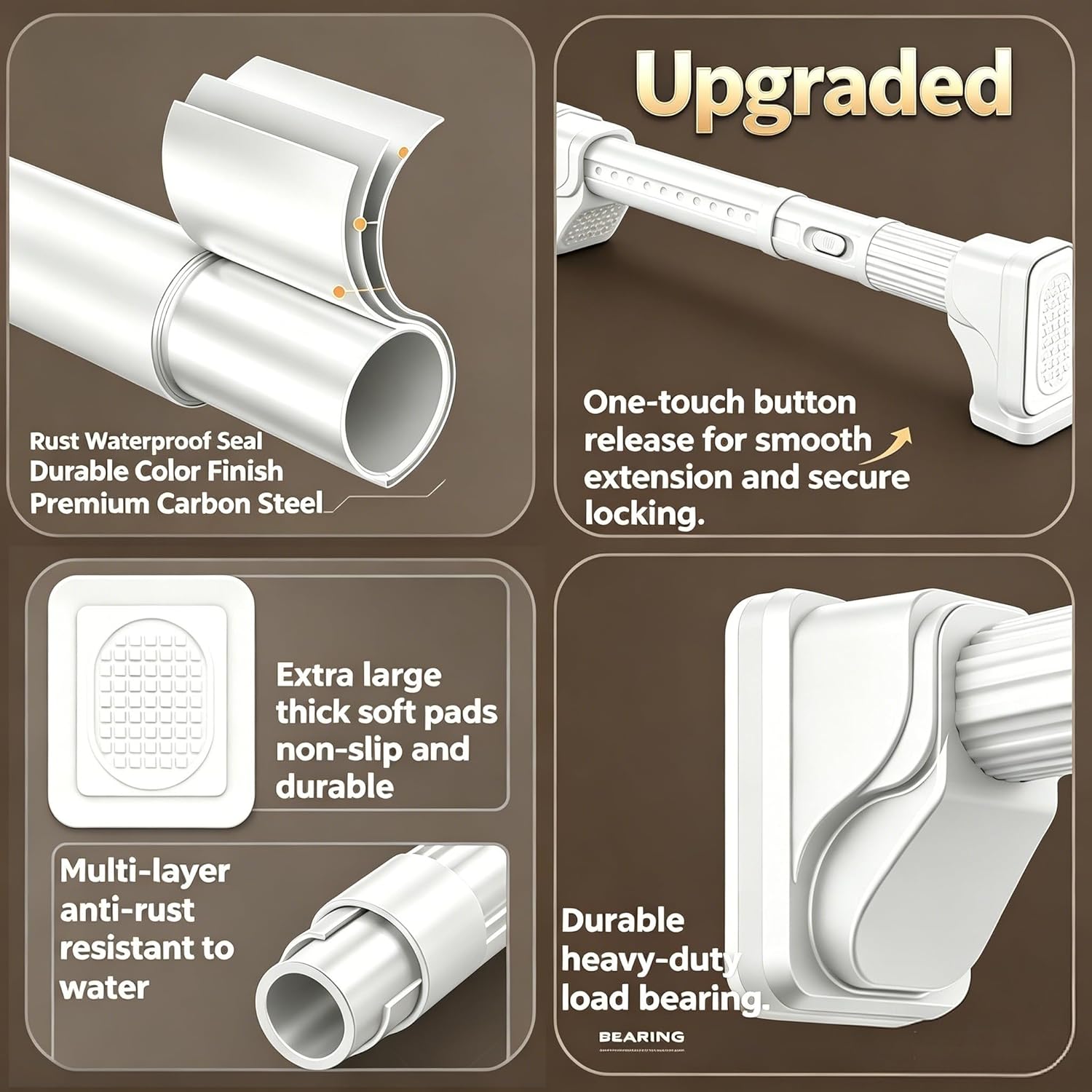 40-193inch White Telescopic Tension Curtain Rod for Drying Clothes, No Drill Installation, Extendable Laundry Hanging Rod for Windows, Bathroom, and Closet, Carbon Steel, Rust-Proof, Heavy-Duty