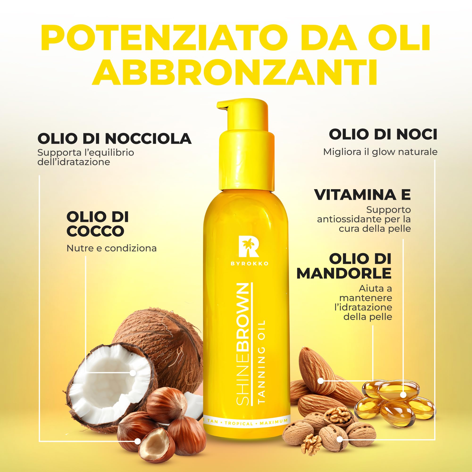 BYROKKO Shine Brown Tropical Olio Abbronzante Solare (145 ml), Acceleratore di Abbronzatura efficace al Sole e nei Lettini Solari, Olio Super Attivo per un’Abbronzatura della Massima Intensità