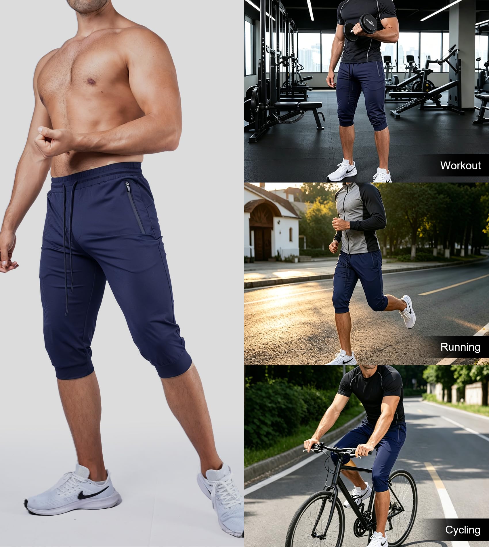 Fioboc 3/4-Jogginghose für Herren mit Reißverschlusstaschen, Caprihose, schnell trocknend, Herren-Sweathose, Kordelzug, verstellbare Trainingshose