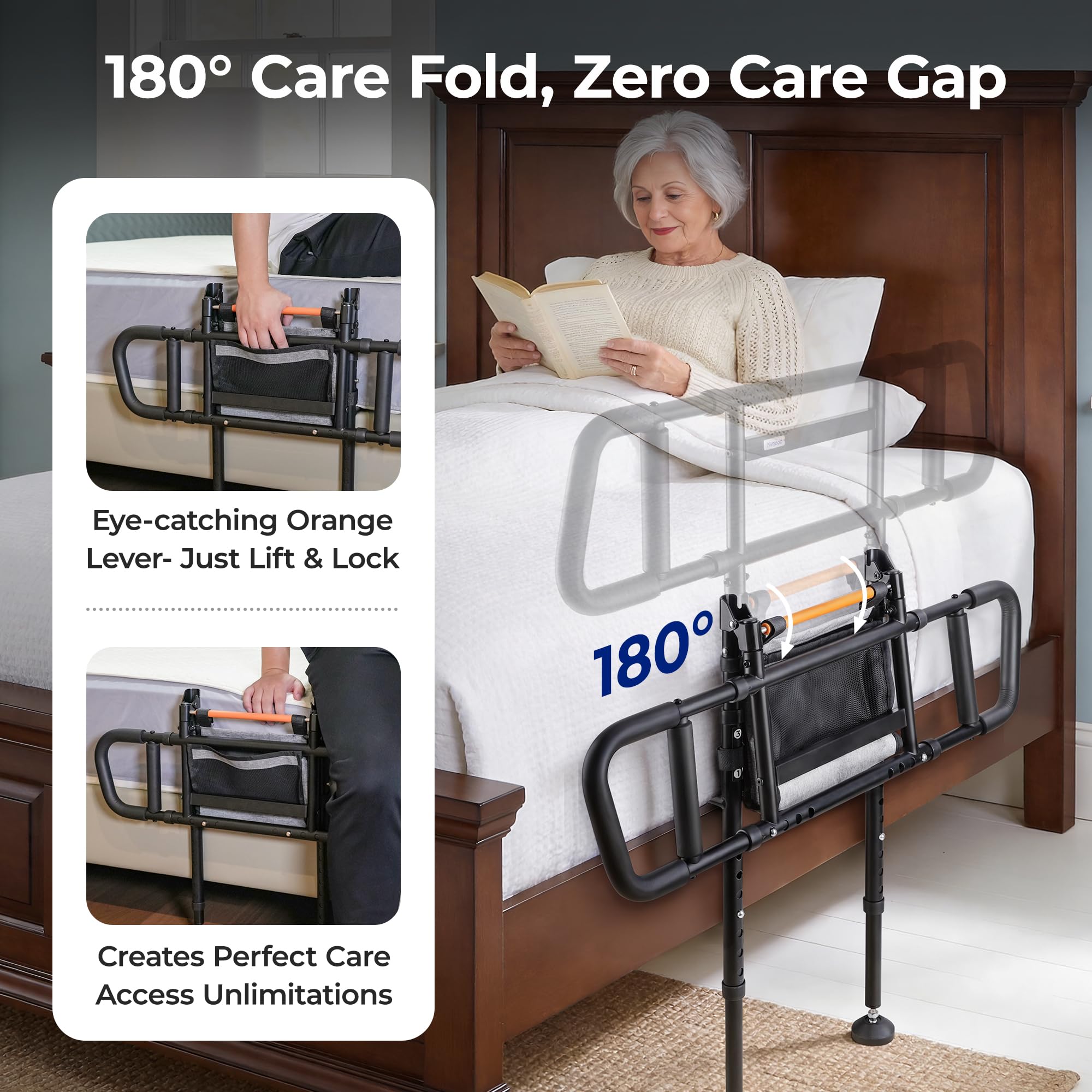 Barandilla de cama para seguridad en el hogar – Riel de cama plegable para personas mayores con luz activada por movimiento y bolsa de almacenamiento, patas de extensión, bastón de cama de