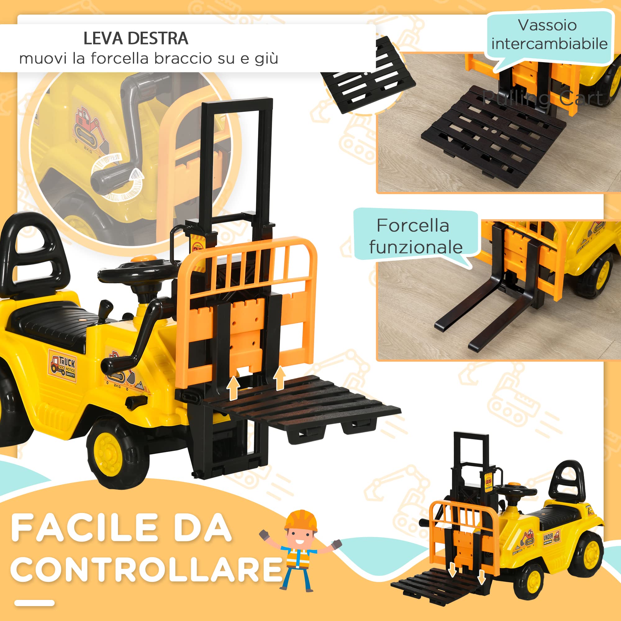 HOMCOM Trattore Cavalcabile per Bambini 3-4 Anni con Muletto, Pulsante per Suoni e Spazio Portaoggetti Nascosto, in PP e ABS, 86x27.5x47.5 cm, Giallo e Nero