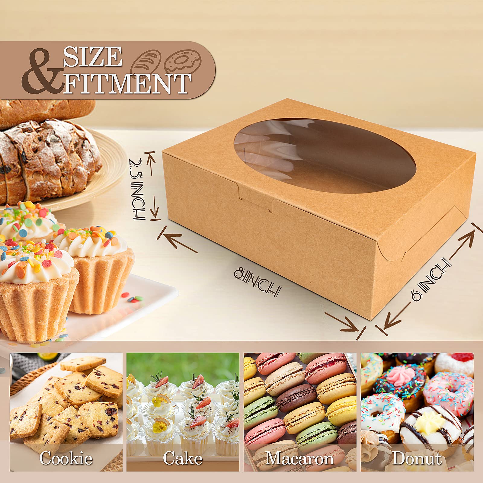 KPOSIYA 65 cajas de galletas de 8 x 6 x 2.5 pulgadas con ventana, cajas de panadería marrones para regalo, golosinas, postres, cupcakes, chocolate, fresas, donas, magdalenas (5 ventanas de estilo)