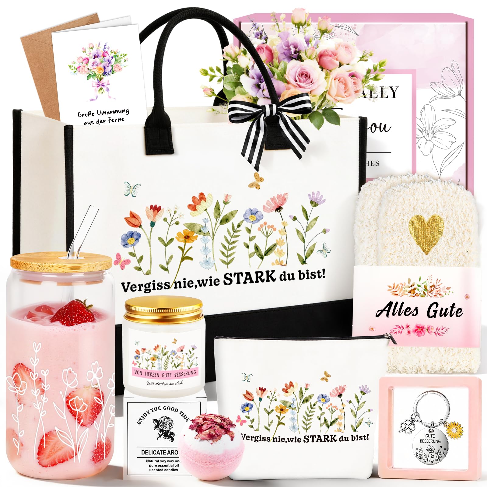 TUZELIYA Gute Besserung Geschenke Frau, 8tlg. Positive Geschenke Freundin mit Canvas Einkaufstasche, Ermutigende Geschenkset mit Genesungskarte für Oma, Mama, Ehefrau, Freundin, Kollegin, Tochter