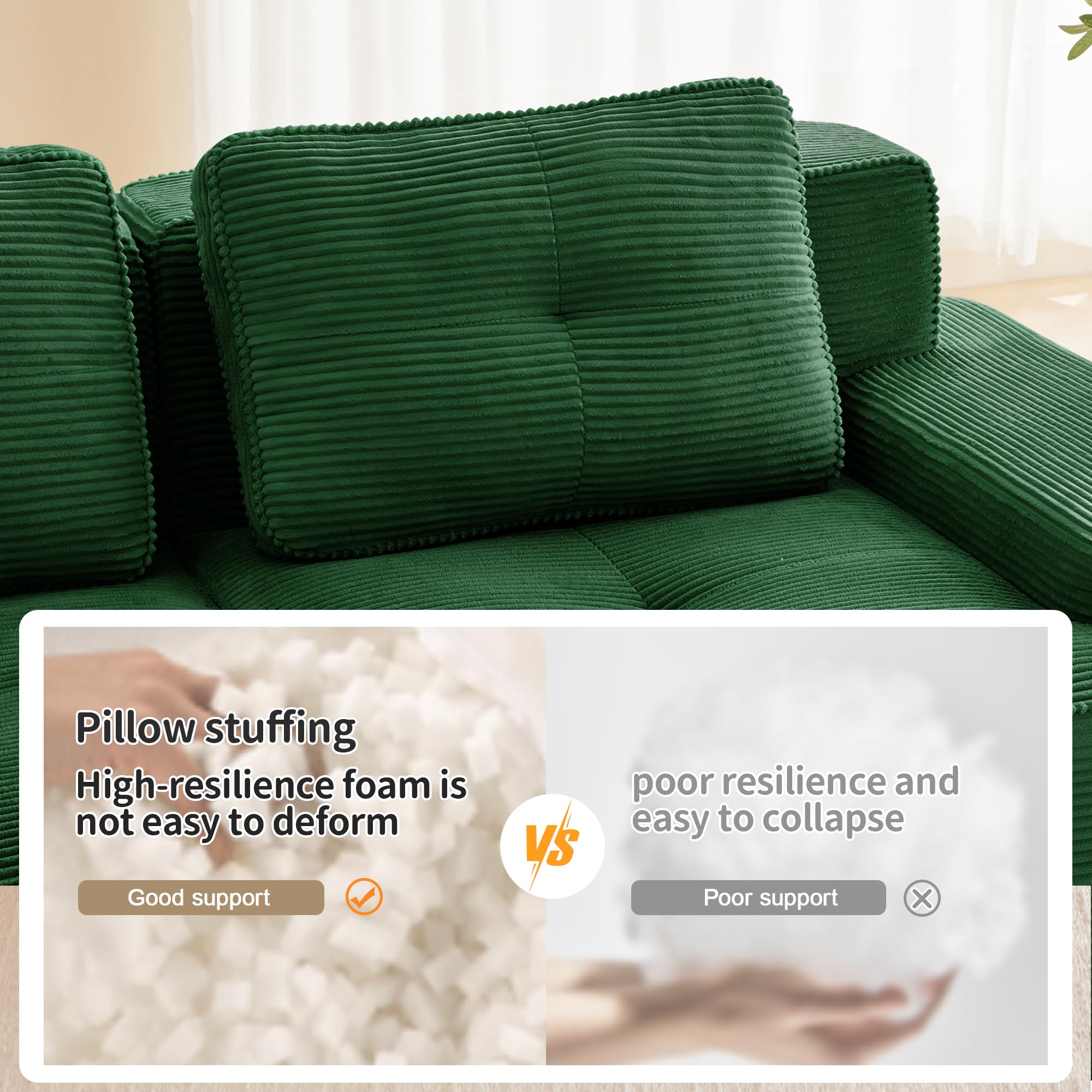 Divano Modulare Boneless per Soggiorno, Divano 4 Posti in Velluto a Coste con 2 pouf, antiscivolo divano a U Nuvola con Braccioli larghi, Senza Montaggio(Verde)