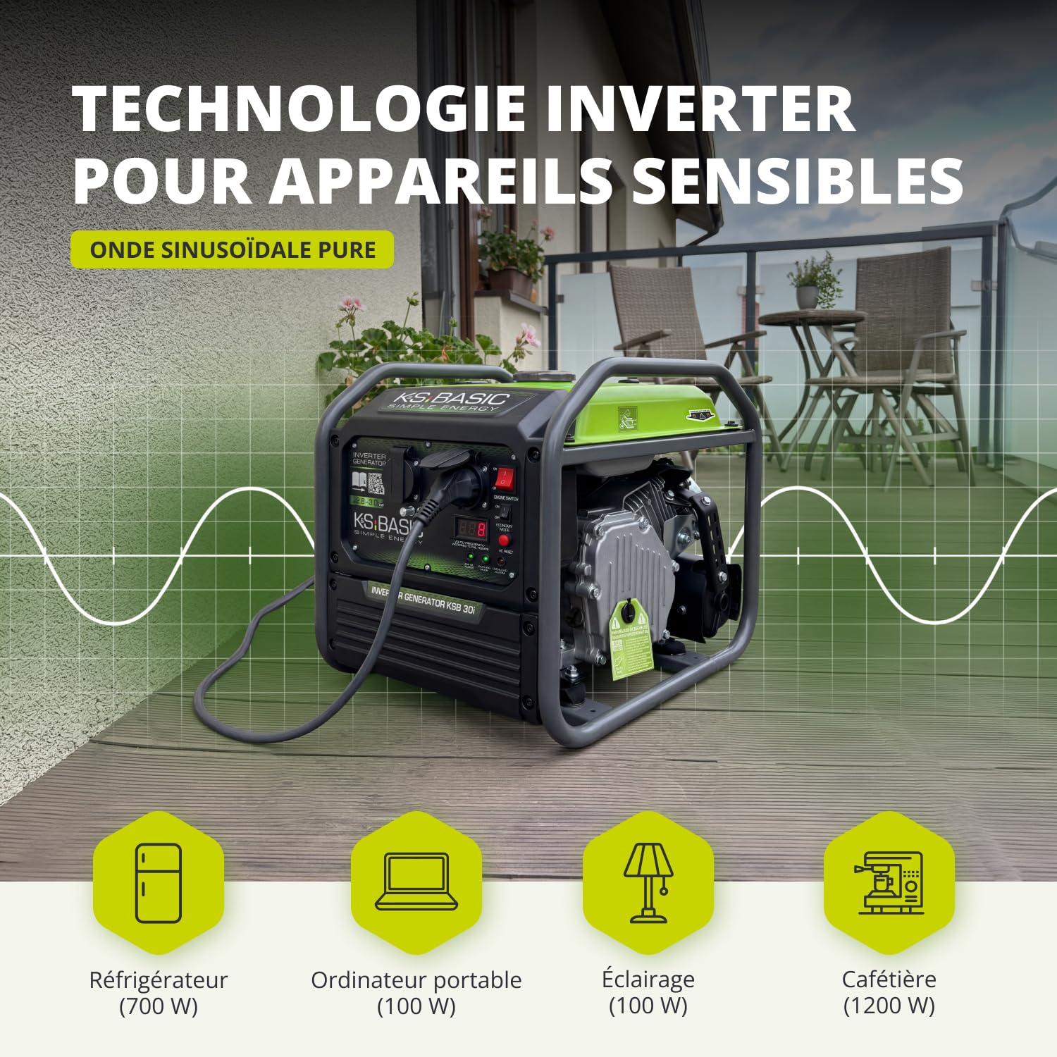 K&S Basic 30i Générateur onduleur 2800 W, 3000 W maximum, générateur de secours compact à essence, onde sinusoïdale pure, générateur de courant avec mode éco, pour la maison, le camping et les travaux